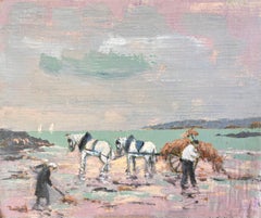 Impressionist Coastal Scene with Horse Cart Seaweed Gatherers and Pastel Sky
