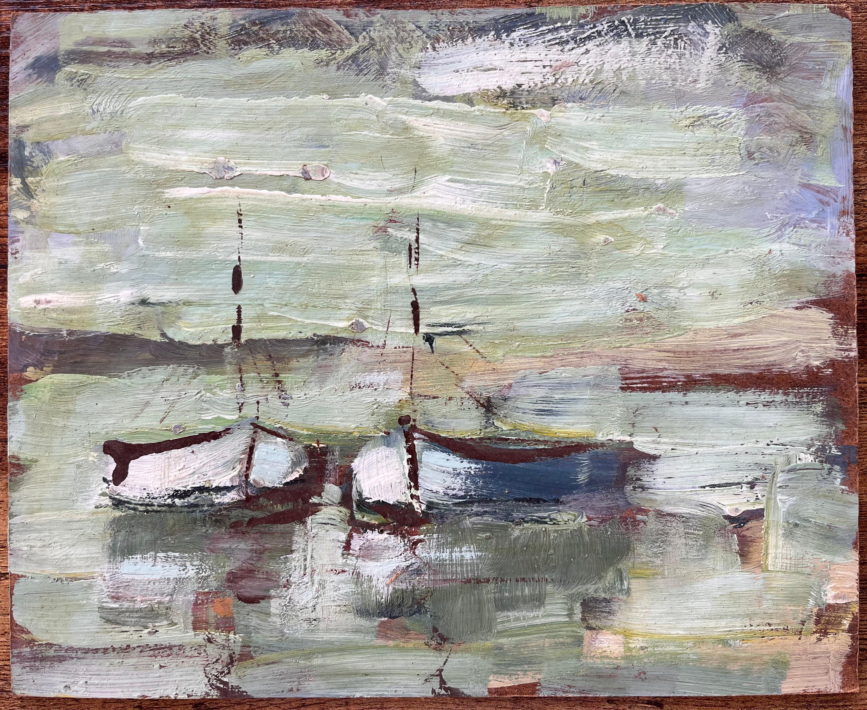 Scène côtière impressionniste avec deux petits bateaux sur eau réfléchissante verte - Painting de Fanch Lel