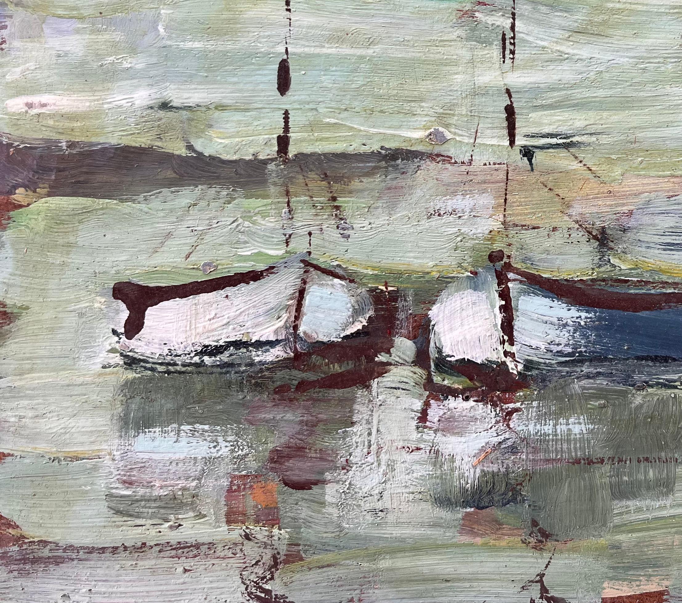 Scène côtière impressionniste avec deux petits bateaux sur eau réfléchissante verte - Impressionnisme Painting par Fanch Lel