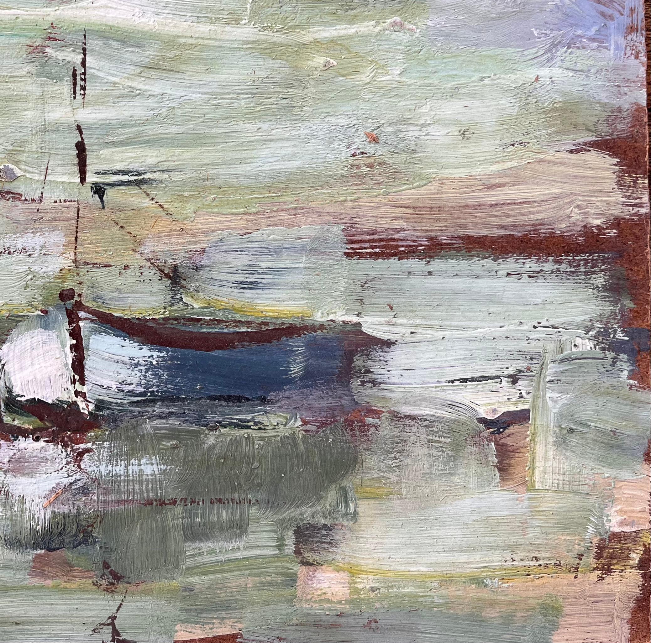 Titre : Scène côtière impressionniste avec deux petits bateaux sur une eau verte réfléchissante
par Fanch Lel
Taille : 8.75 pouces (hauteur) x 10.75 pouces (largeur)
Moyen d'expression : Huile sur carton, non encadrée
Condit : Le tableau est en bon