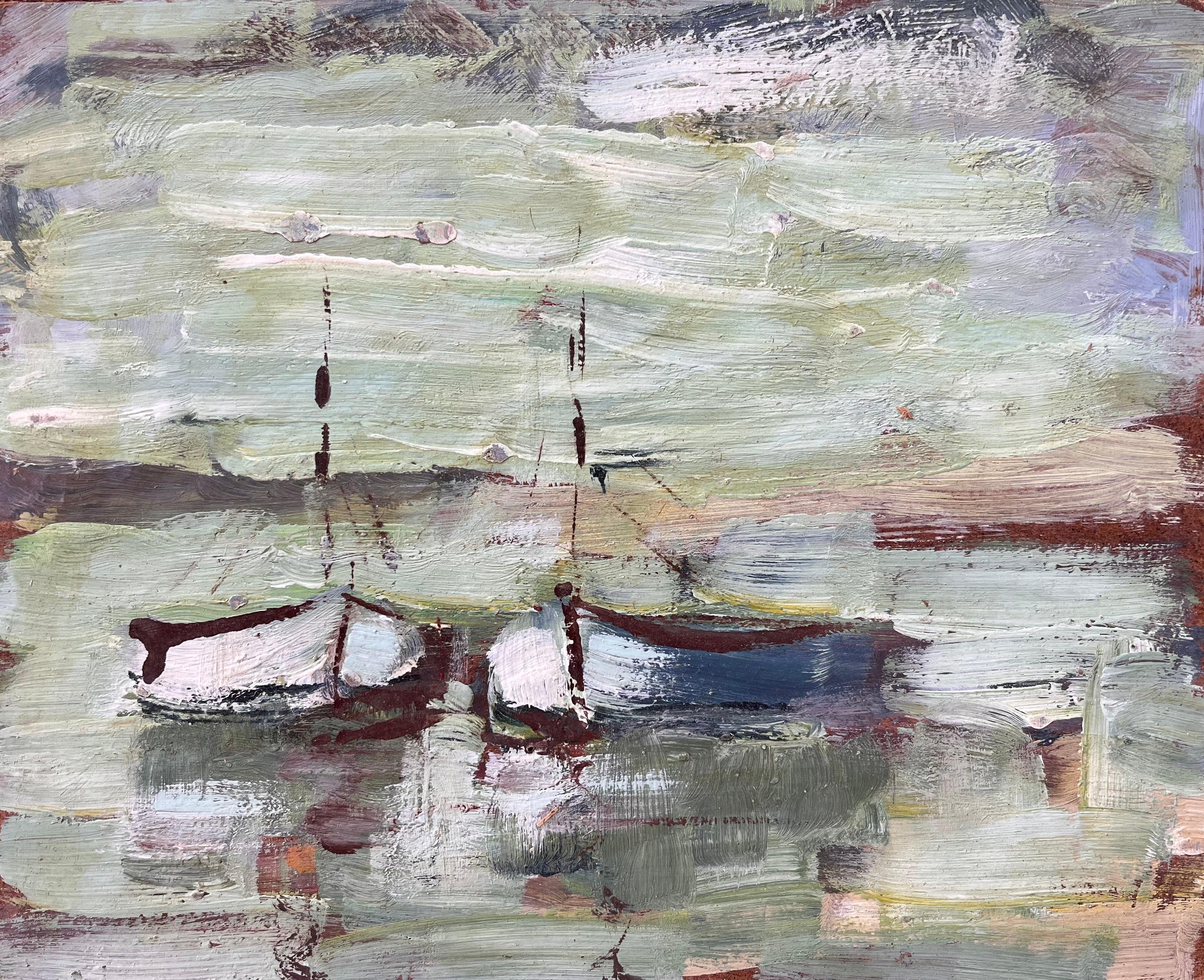 Impressionist Coastal Scene with Two Small Boats on Green Reflective Water