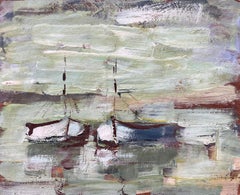 Impressionist Coastal Scene with Two Small Boats on Green Reflective Water