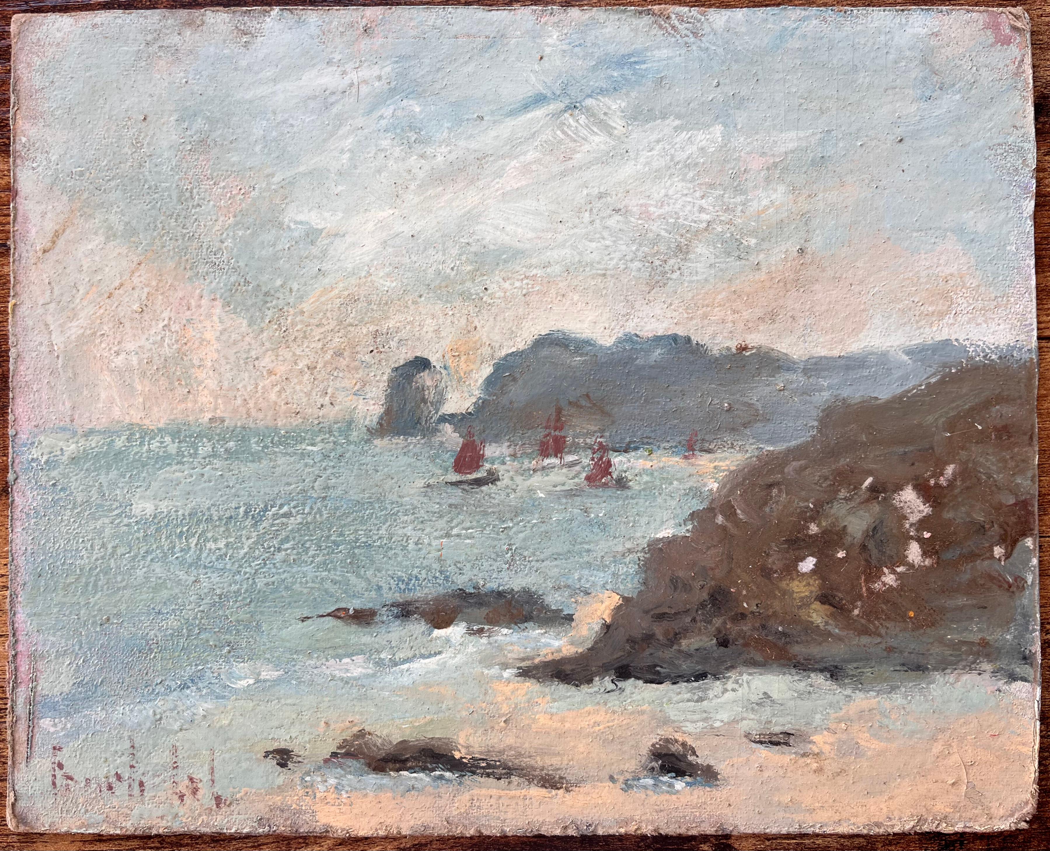 Paysage côtier impressionniste avec voiles rouges sur la Côte Bretonne - Painting de Fanch Lel