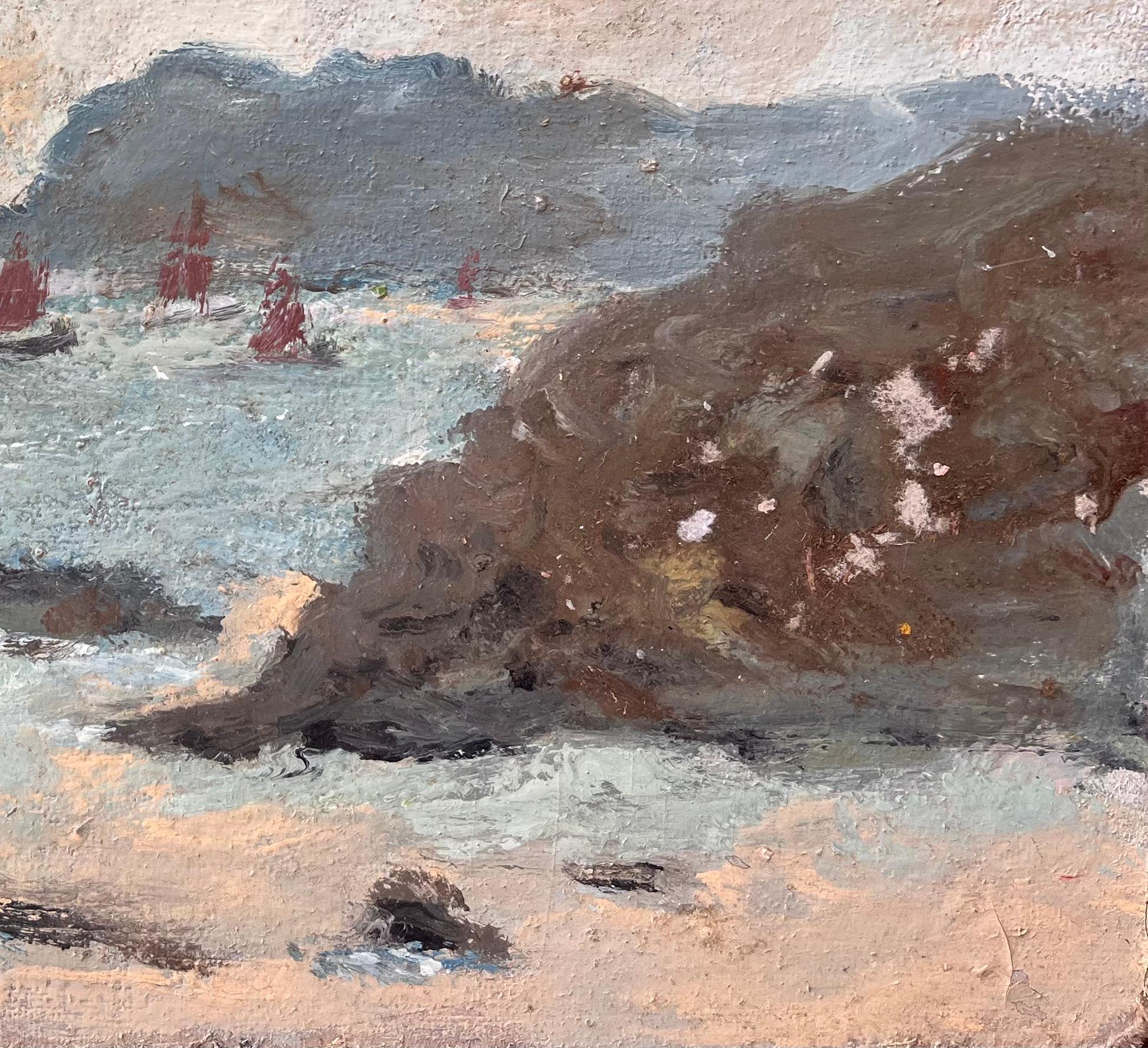 Paysage côtier impressionniste avec voiles rouges sur la Côte Bretonne - Impressionnisme Painting par Fanch Lel