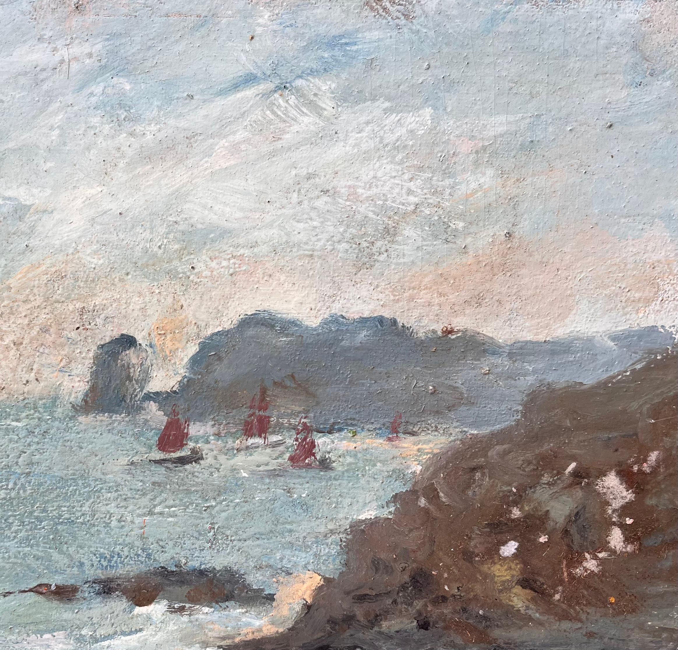 Paysage côtier impressionniste avec voiles rouges sur la Côte Bretonne - Gris Landscape Painting par Fanch Lel