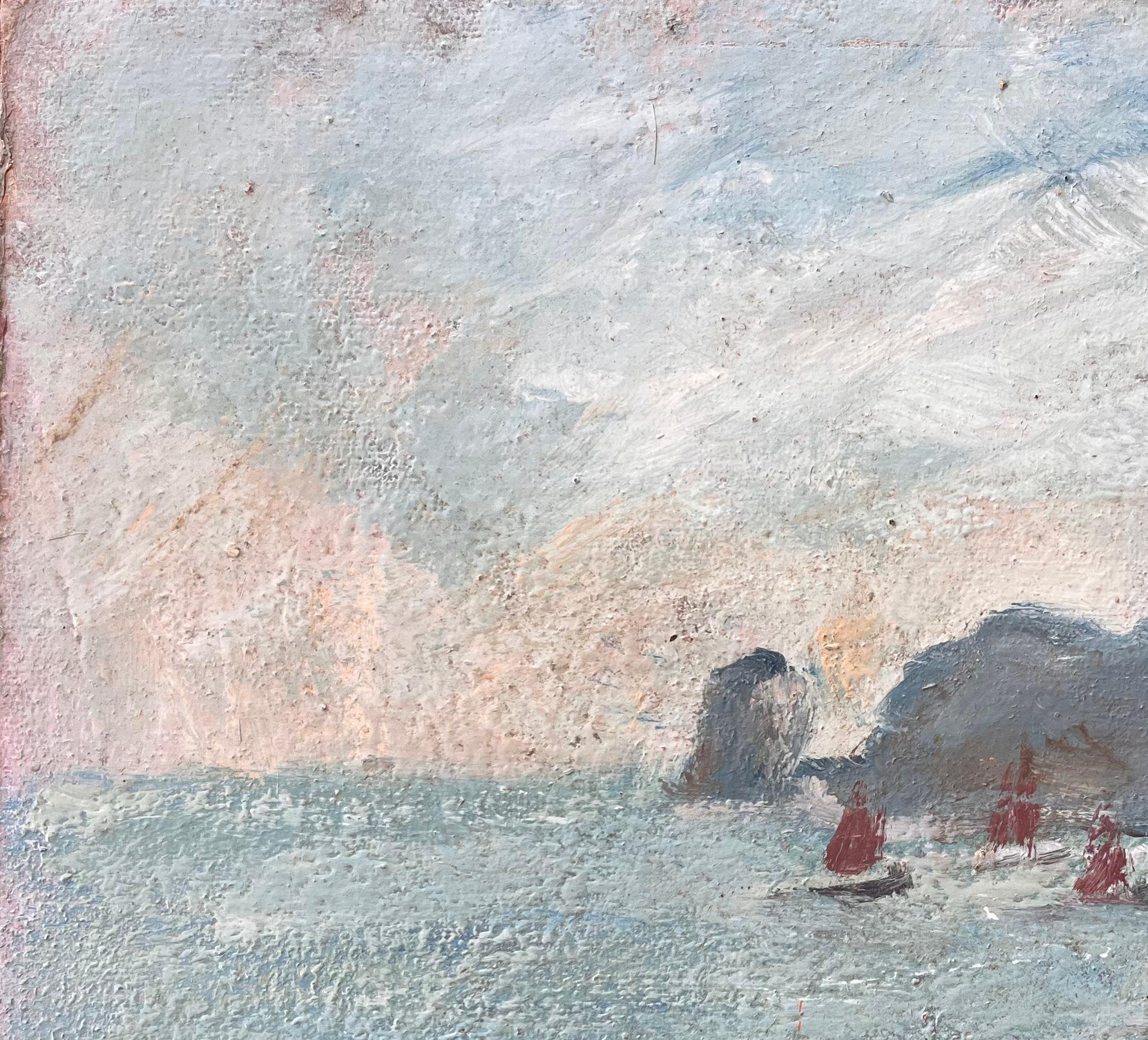 Paysage côtier impressionniste avec voiles rouges sur la Côte Bretonne en vente 1