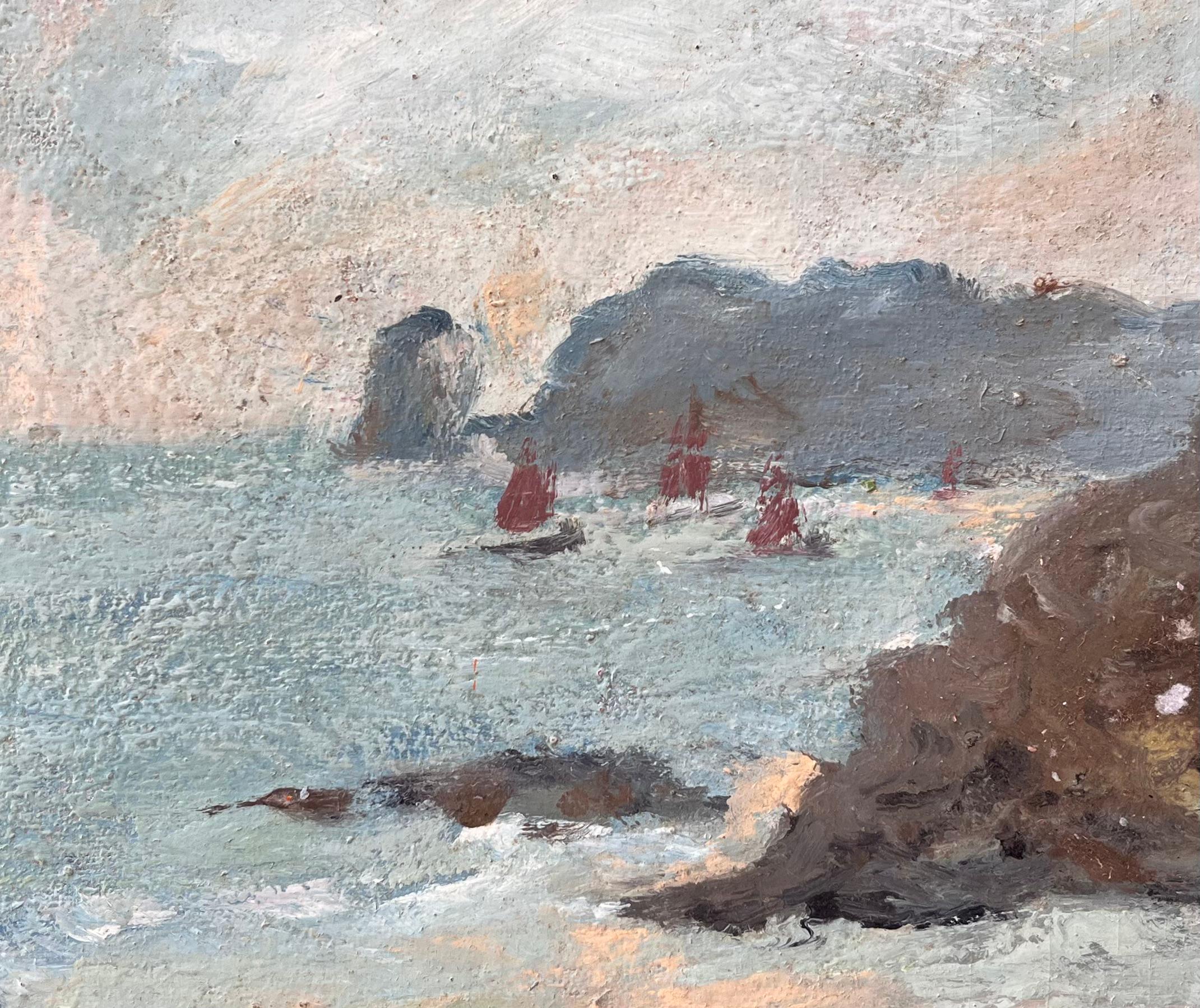 Paysage côtier impressionniste avec voiles rouges sur la Côte Bretonne en vente 2