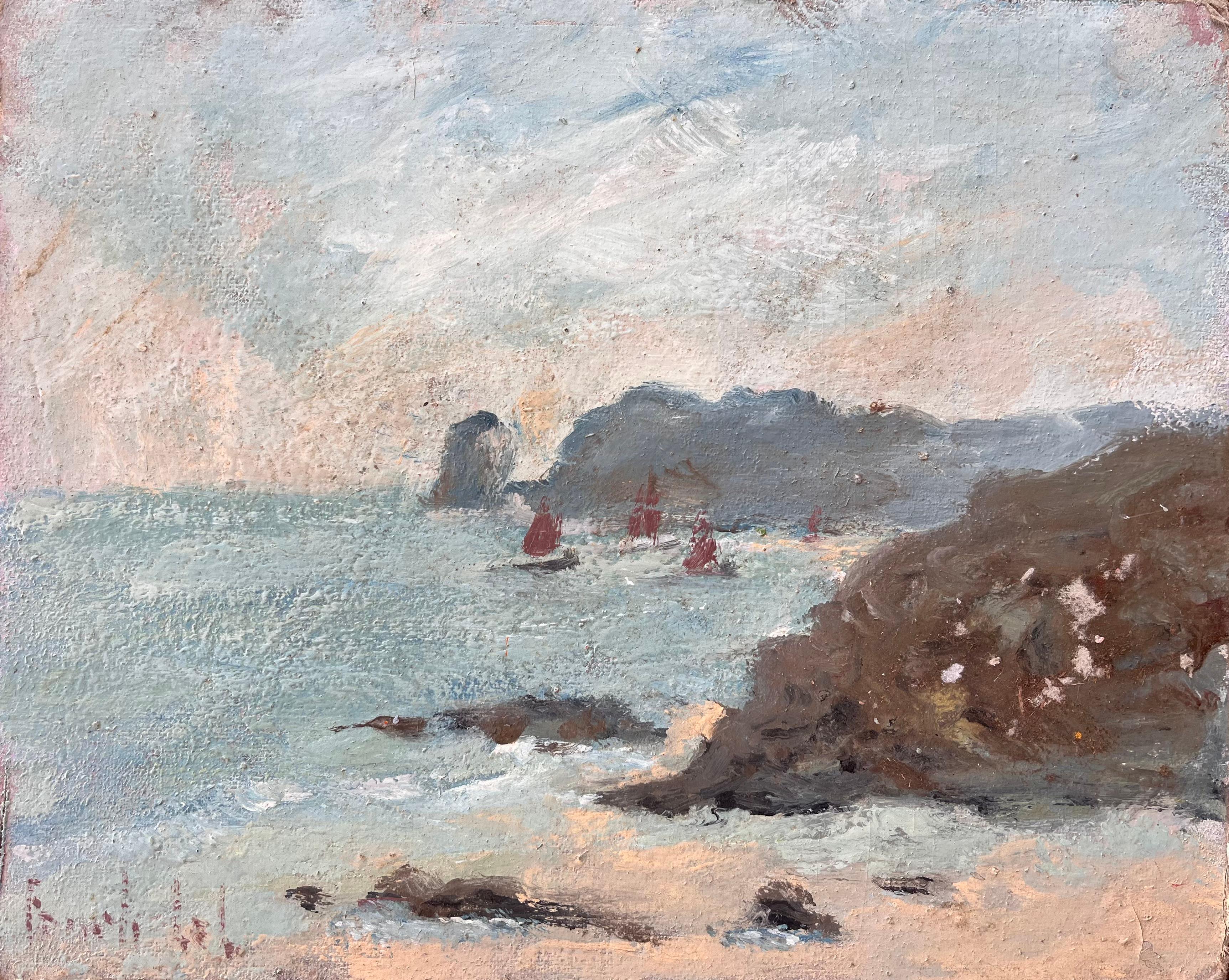 Landscape Painting Fanch Lel - Paysage côtier impressionniste avec voiles rouges sur la Côte Bretonne