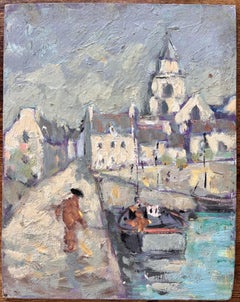 Scena impressionista di città costiera con chiesa e barca da pesca nel nord della Francia