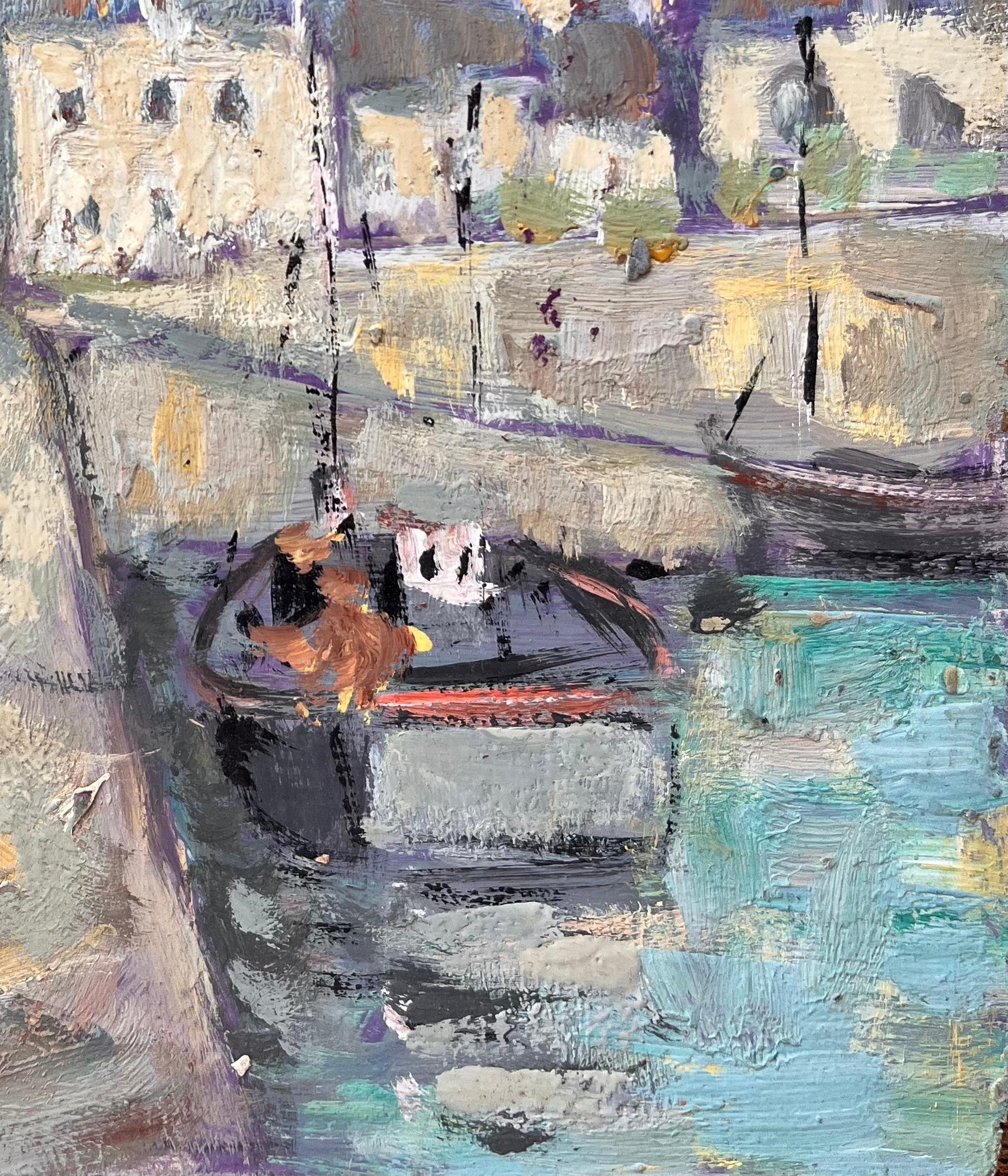 Impressionistische Küstenstadtszene mit Kirche und Fischerboot in Nordfrankreich (Impressionismus), Painting, von Fanch Lel