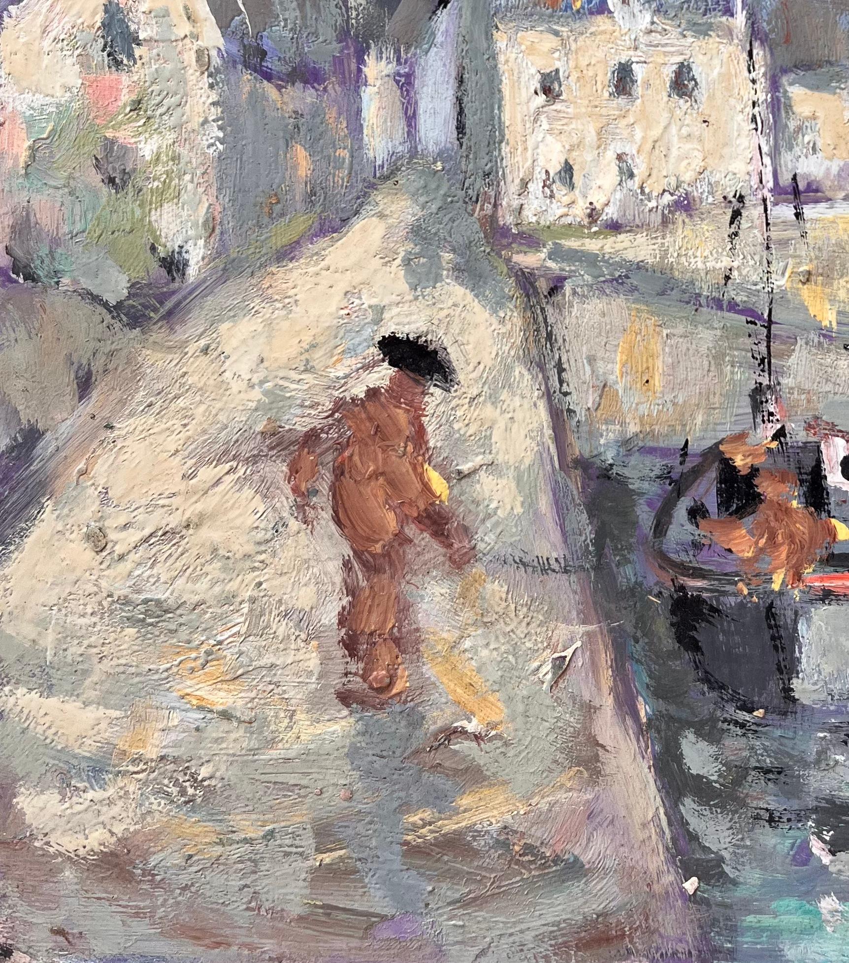 Titel: Impressionistische Stadtszene an der Küste mit Kirche und Fischerboot in Nordfrankreich
von Fanch Lel
Größe: 9,75 Zoll (Höhe) x 7,75 Zoll (Breite)
Medium: Öl auf Karton, ungerahmt
Zustand: Das Gemälde ist in gutem Zustand mit leichten