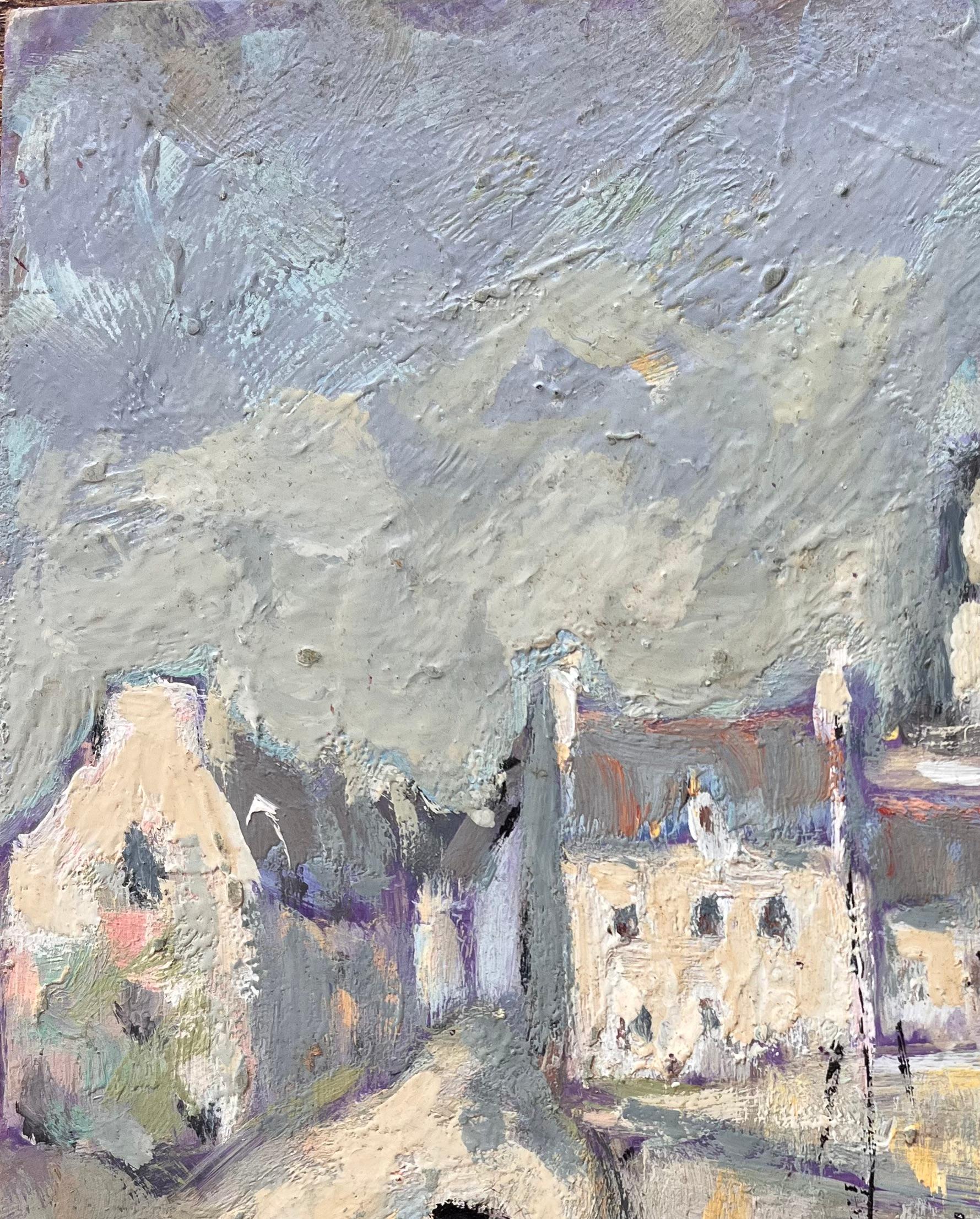 Impressionistische Küstenstadtszene mit Kirche und Fischerboot in Nordfrankreich im Angebot 1
