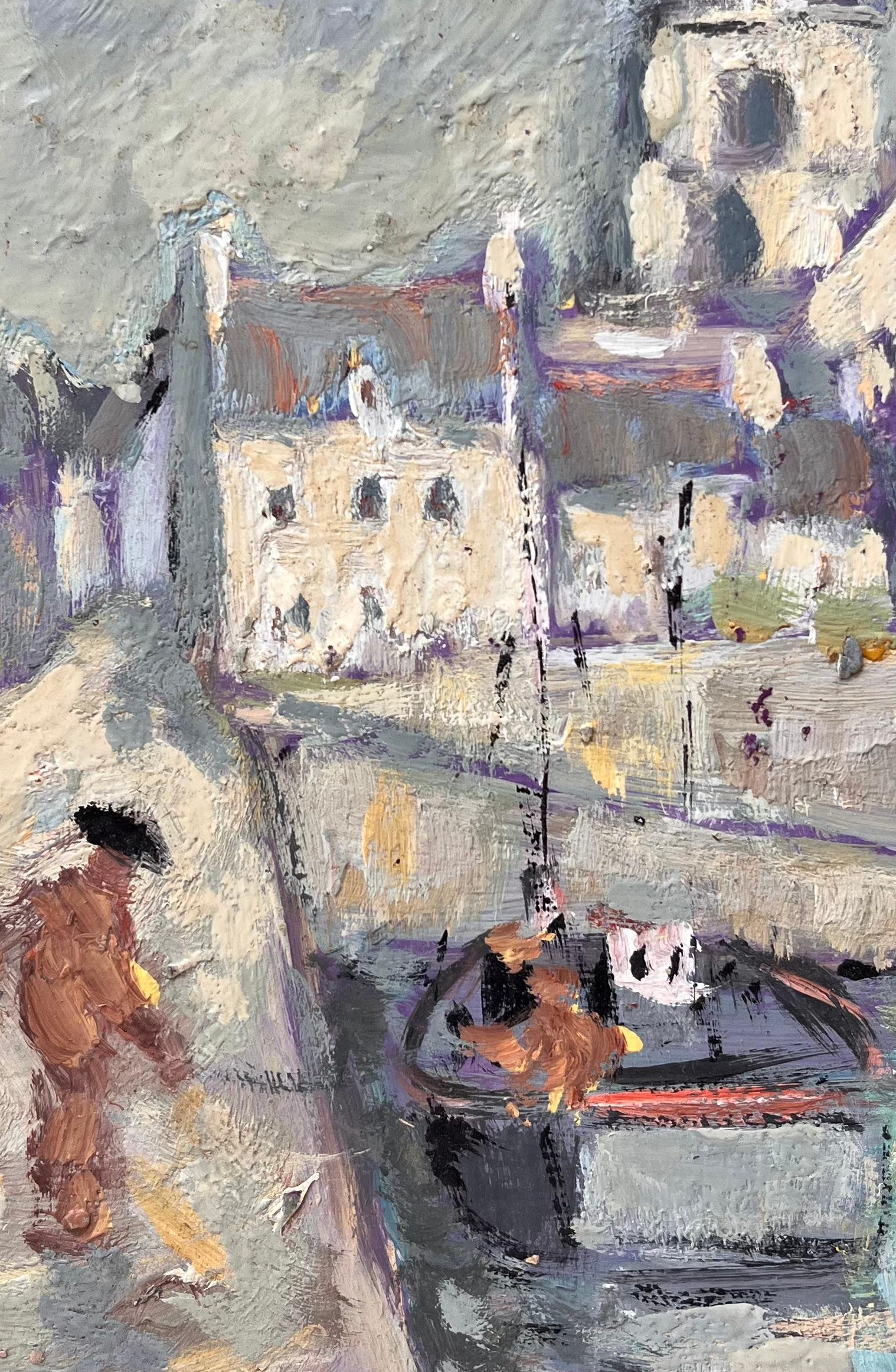 Impressionistische Küstenstadtszene mit Kirche und Fischerboot in Nordfrankreich im Angebot 2