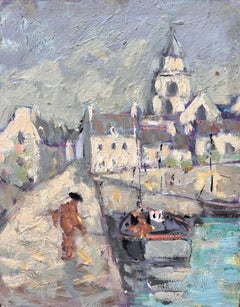 Impressionist Coastal Town Scene with Church and Fishing Boat in Northern France