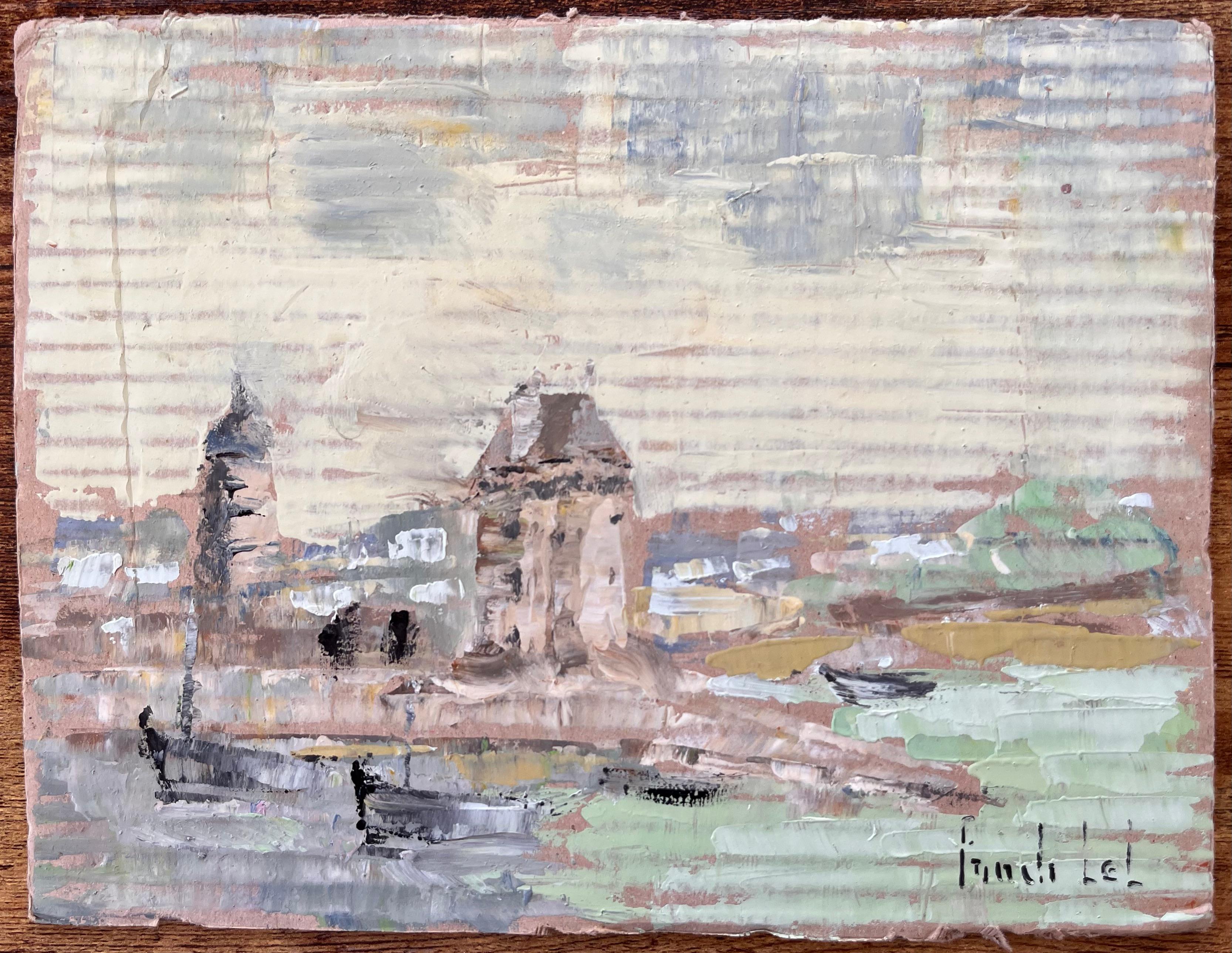 Impressionistisches Küstendorf mit Booten und Turm in gedeckter pastellfarbener Palette – Painting von Fanch Lel