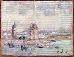 Impressionist Coastal Village with Boats and Tower in Muted Pastel Palette