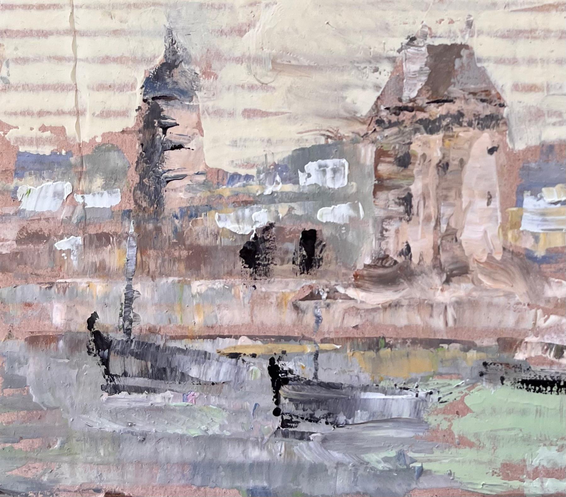 Impressionistisches Küstendorf mit Booten und Turm in gedeckter pastellfarbener Palette (Impressionismus), Painting, von Fanch Lel