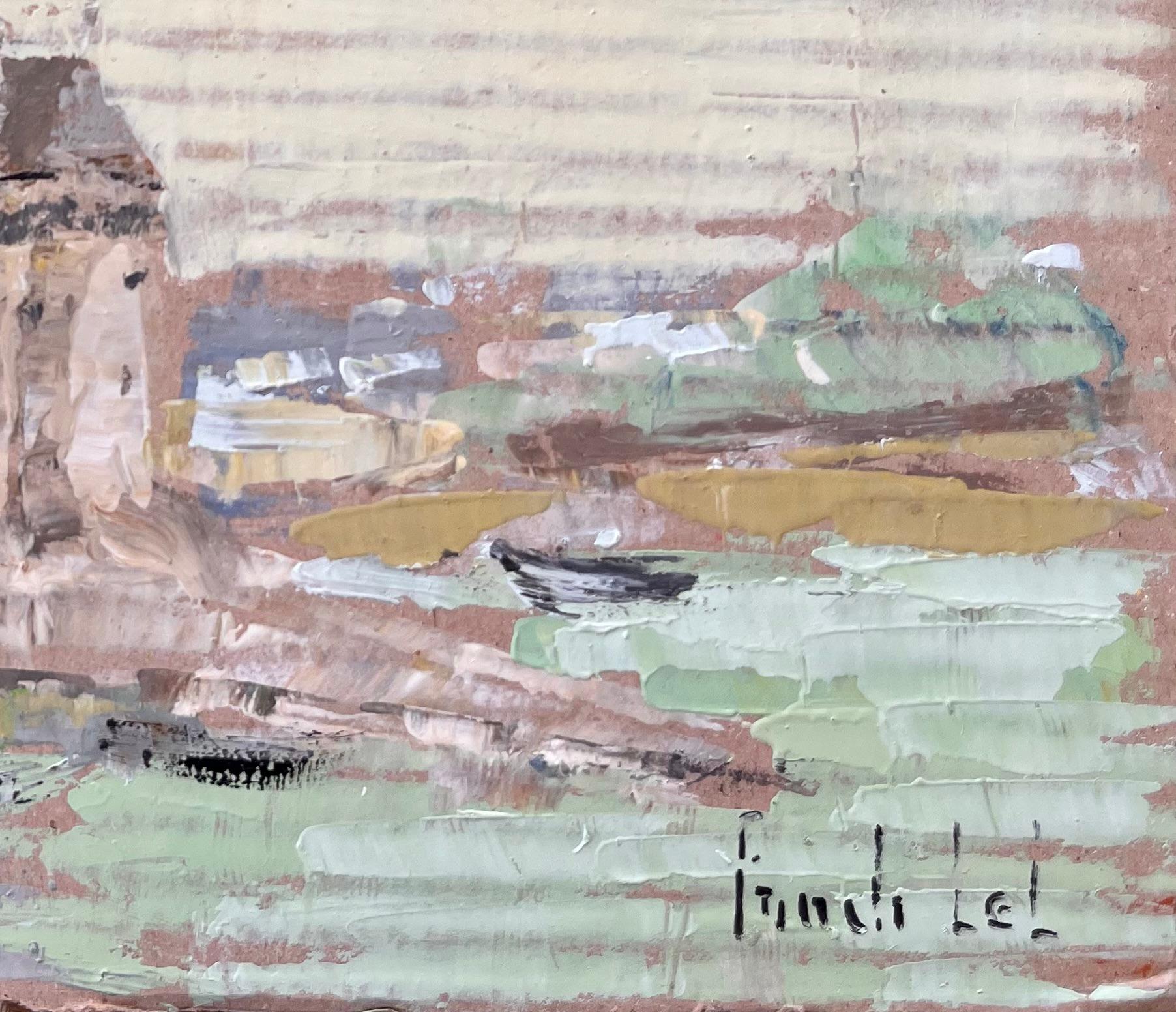 Impressionistisches Küstendorf mit Booten und Turm in gedeckter pastellfarbener Palette (Grau), Abstract Painting, von Fanch Lel
