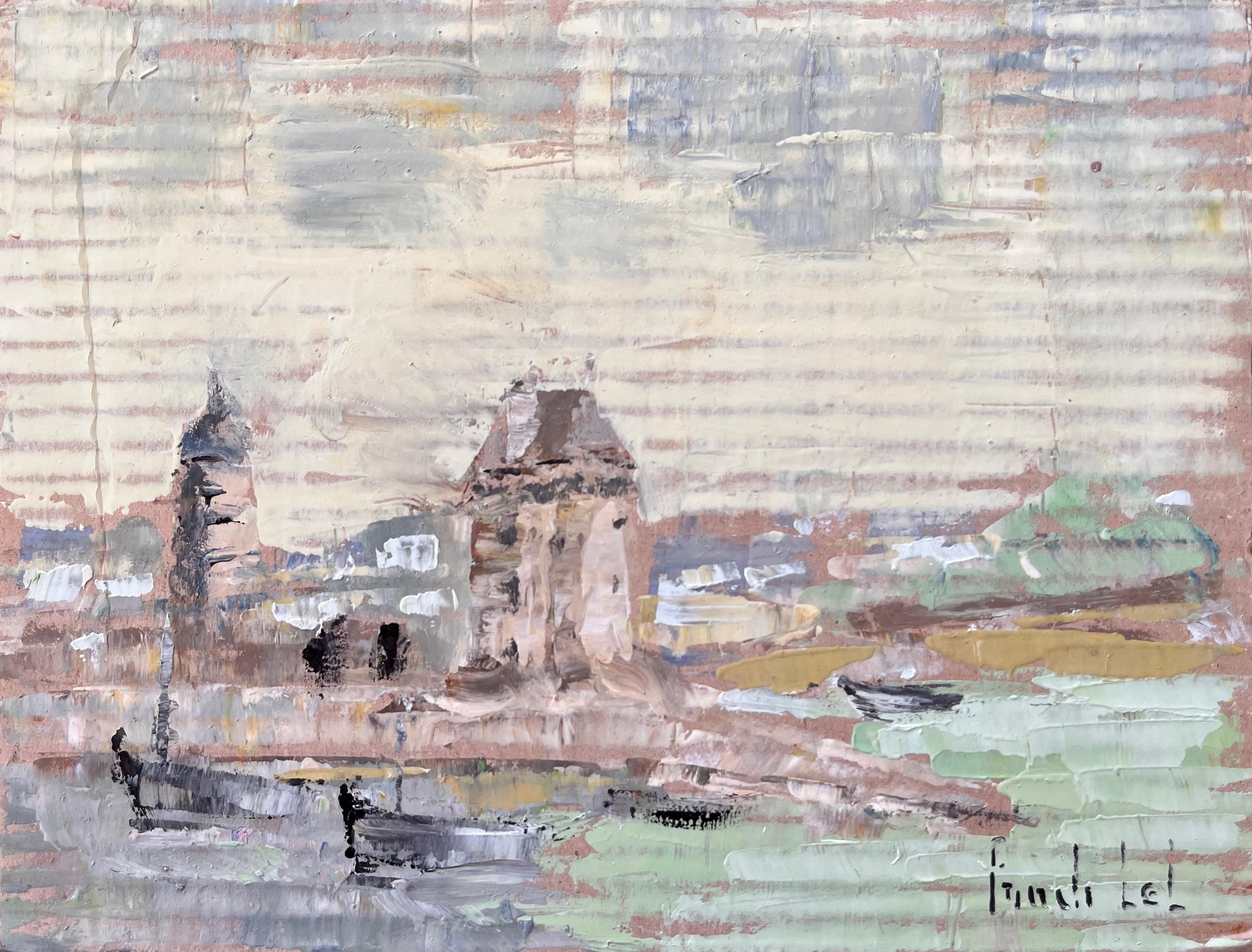 Impressionistisches Küstendorf mit Booten und Turm in gedeckter pastellfarbener Palette