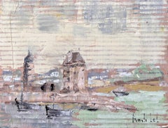 Impressionist Coastal Village with Boats and Tower in Muted Pastel Palette