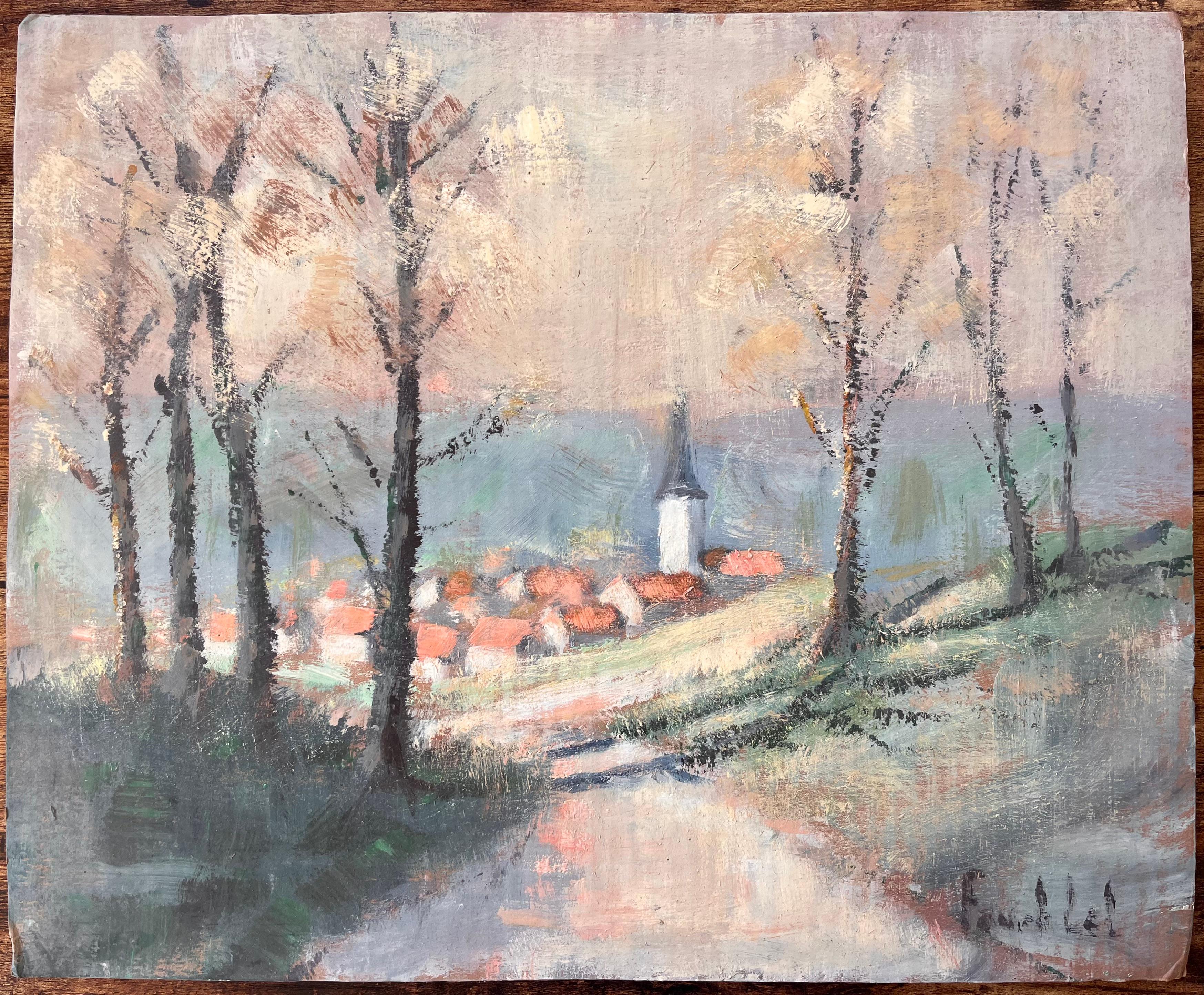 Impressionistische Landschaftsszene mit roten Dächern und Herbstbäumen auf dem Kirchturm – Painting von Fanch Lel