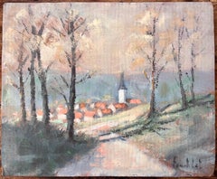 Impressionist Countryside Scene with Church Spire Red Roofs and Autumn Trees