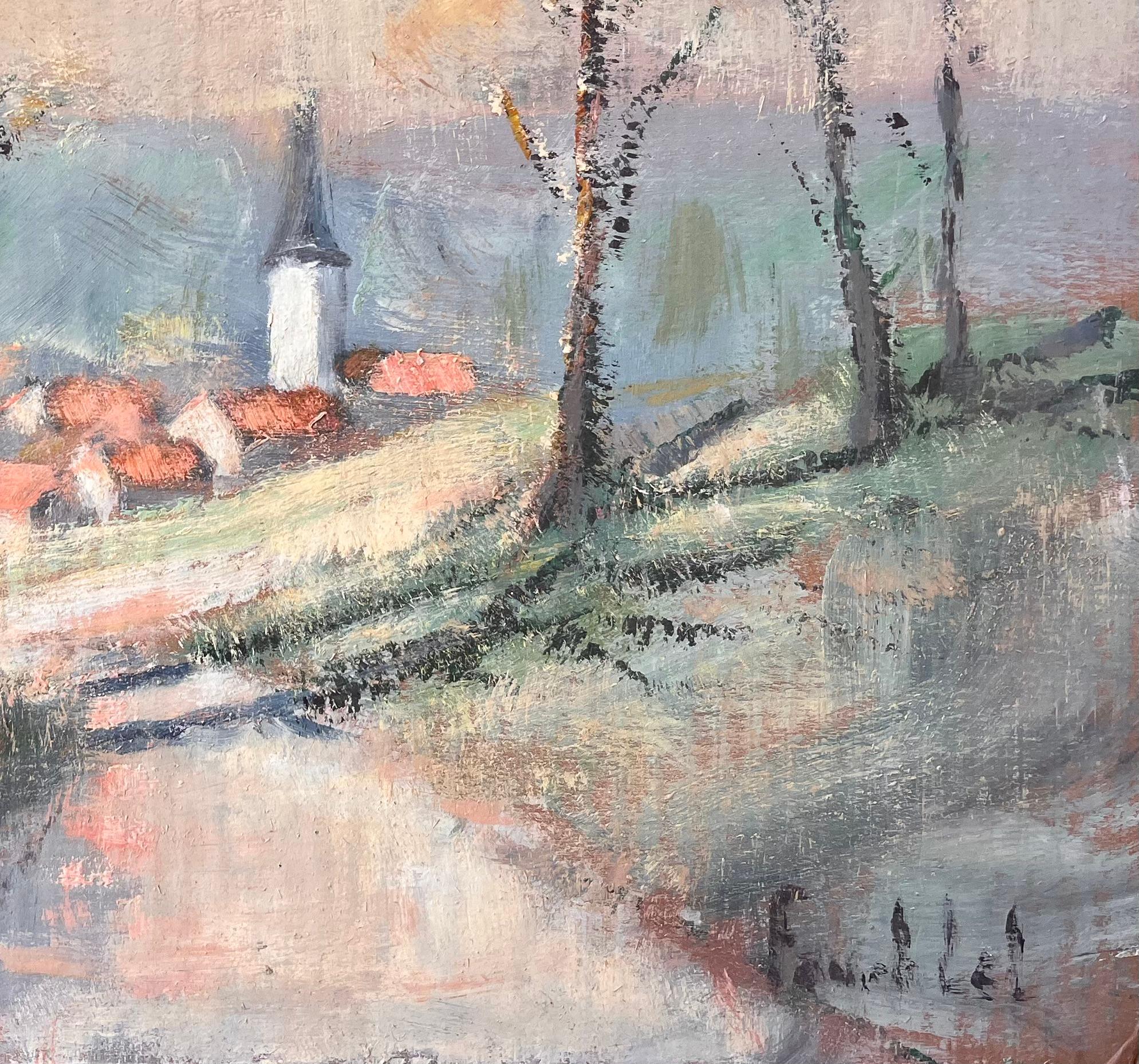 Impressionistische Landschaftsszene mit roten Dächern und Herbstbäumen auf dem Kirchturm (Impressionismus), Painting, von Fanch Lel