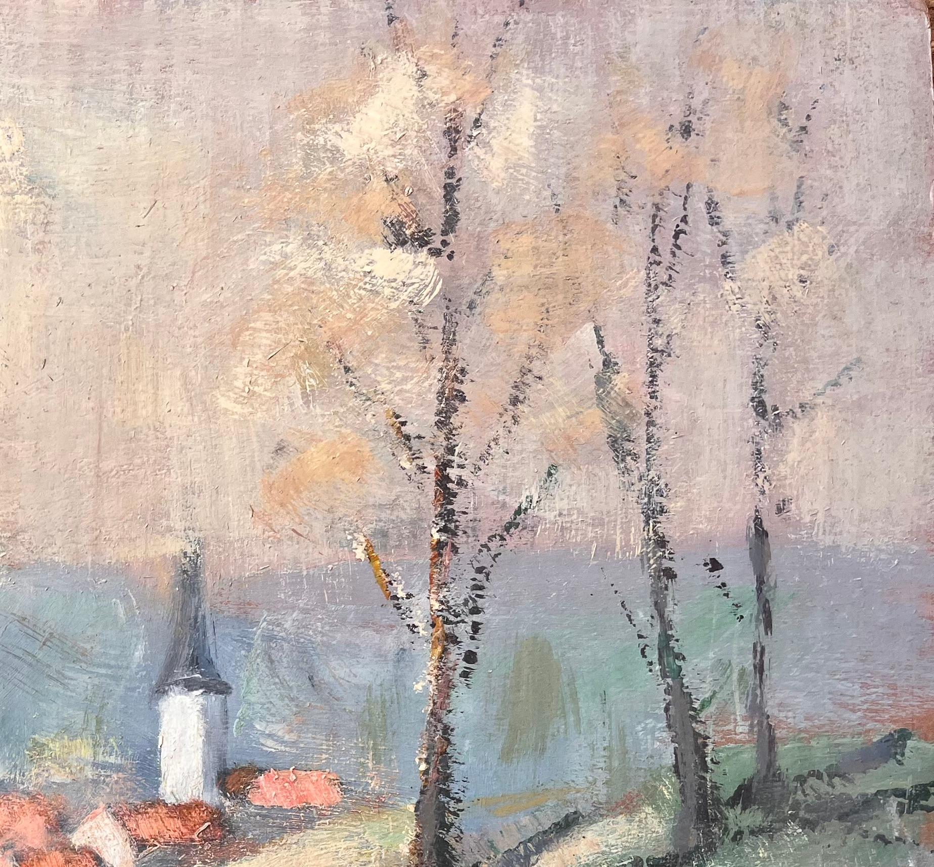 Impressionistische Landschaftsszene mit roten Dächern und Herbstbäumen auf dem Kirchturm (Grau), Landscape Painting, von Fanch Lel