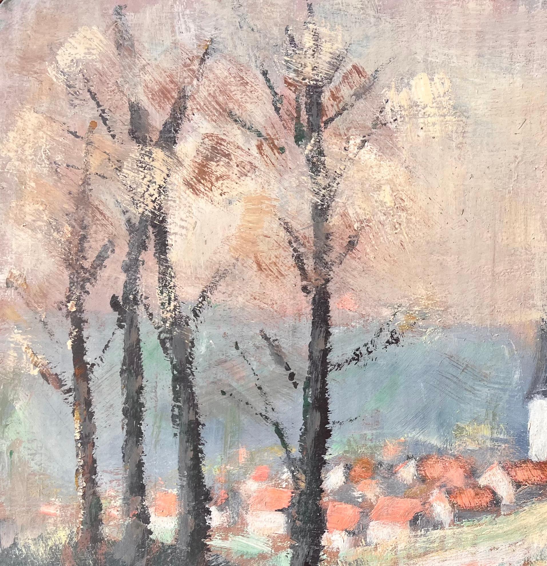 Titel: Impressionistische Landschaftsszene mit roten Dächern und herbstlichen Bäumen auf dem Kirchturm
Von Fanch Les
Unterschrieben: Ja
Größe: 14,75 x 18,25 Zoll (Höhe x Breite)
Ölgemälde auf Karton, ungerahmt
Zustand: Das Gemälde ist in gutem