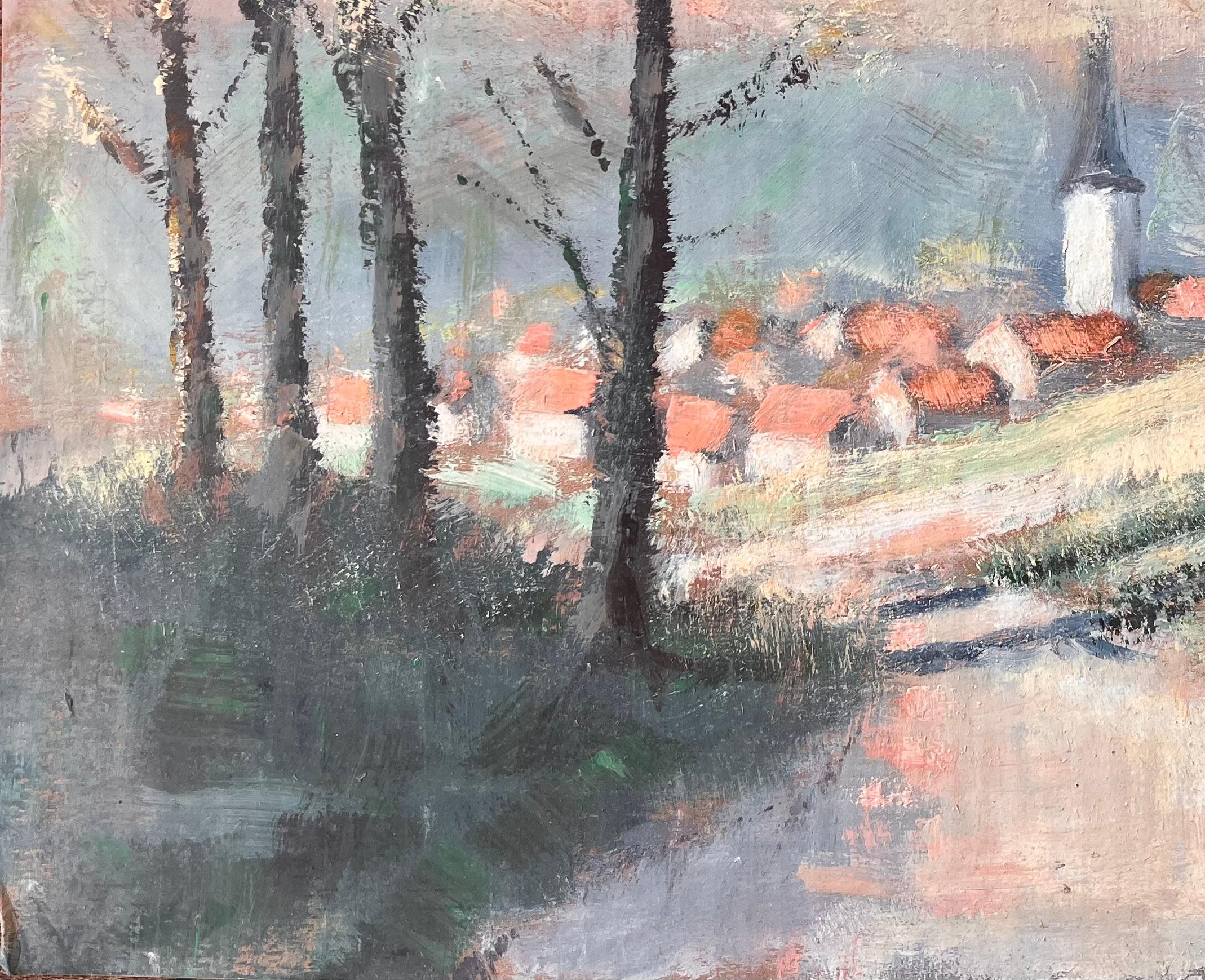 Impressionistische Landschaftsszene mit roten Dächern und Herbstbäumen auf dem Kirchturm im Angebot 1