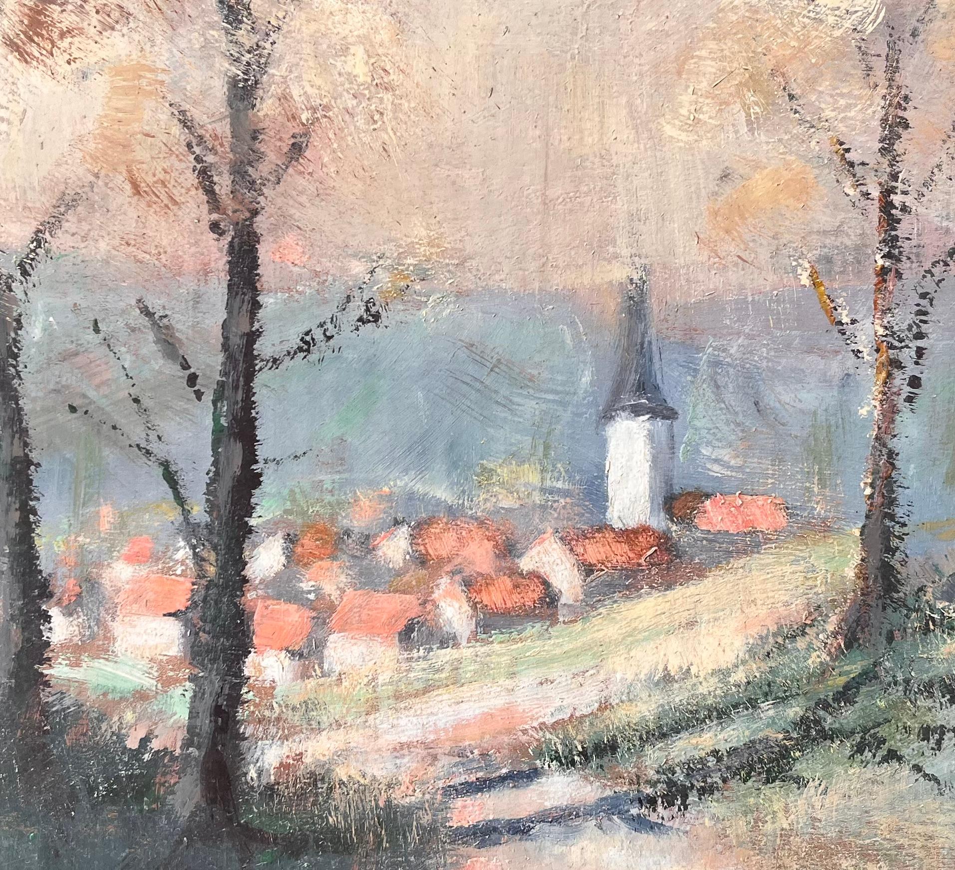 Impressionistische Landschaftsszene mit roten Dächern und Herbstbäumen auf dem Kirchturm im Angebot 2