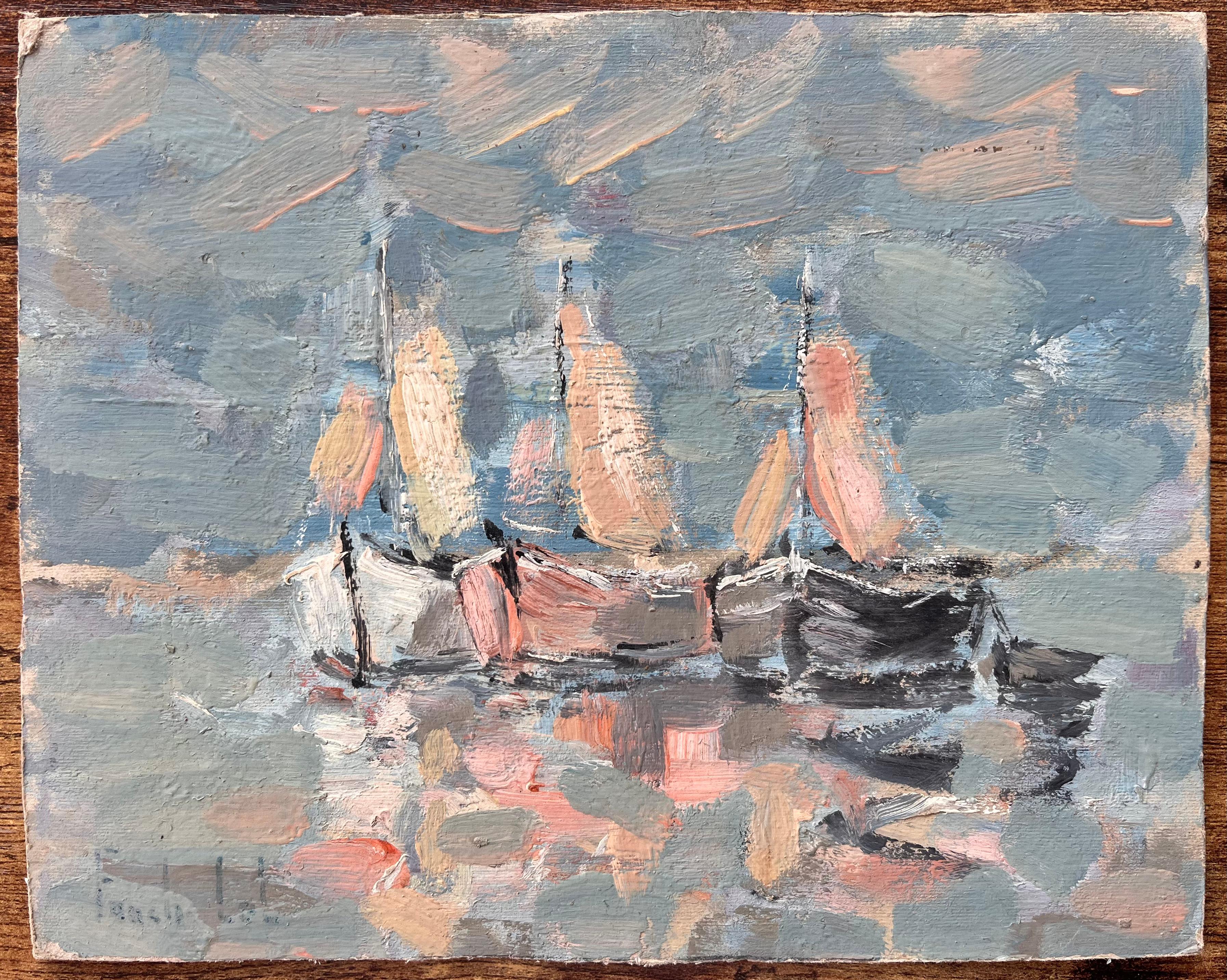 Impressionistisches Fleet Segelboote mit Reflektionen in einer blauen und rosa Palette – Painting von Fanch Lel
