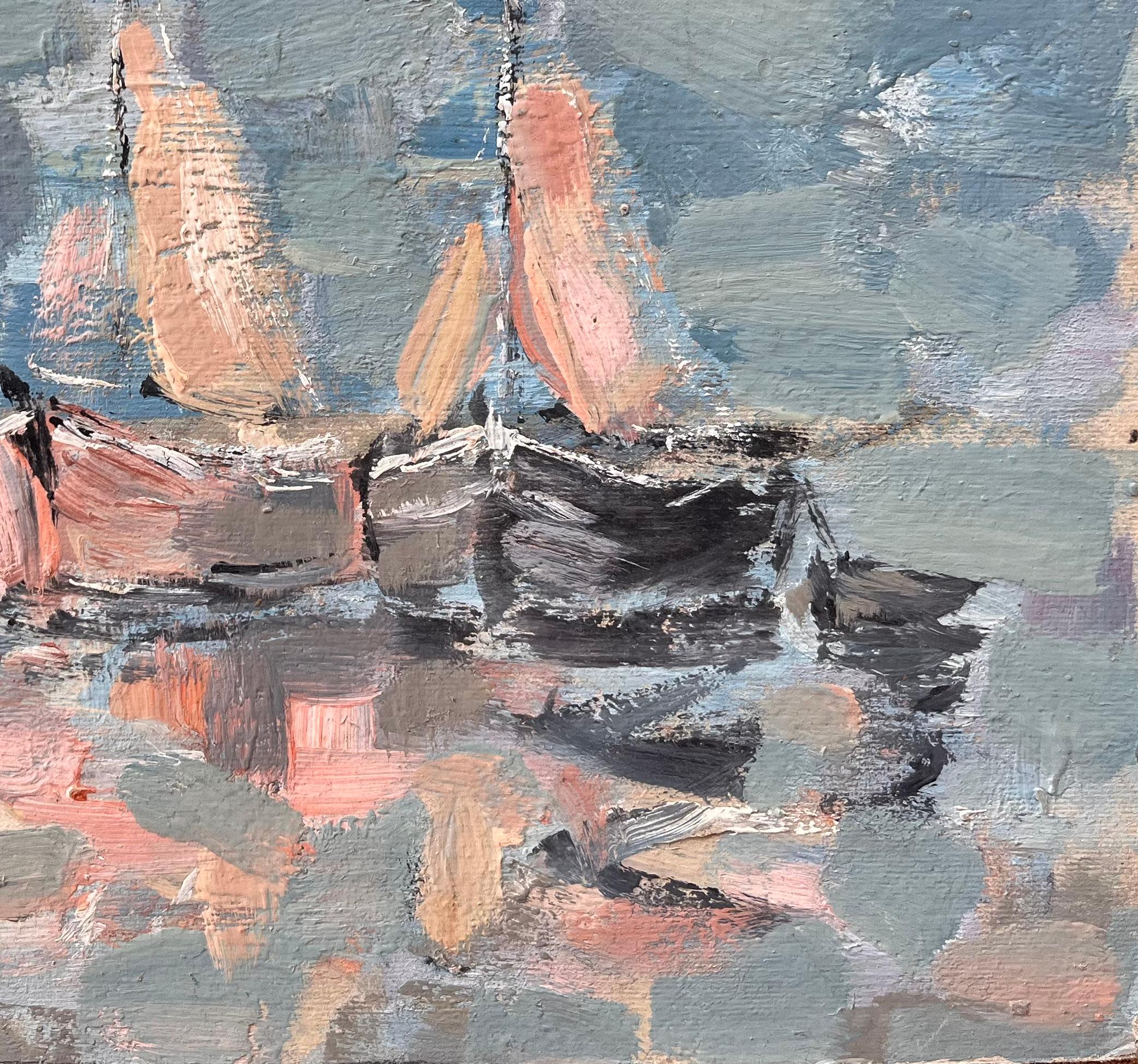 Impressionistisches Fleet Segelboote mit Reflektionen in einer blauen und rosa Palette (Impressionismus), Painting, von Fanch Lel