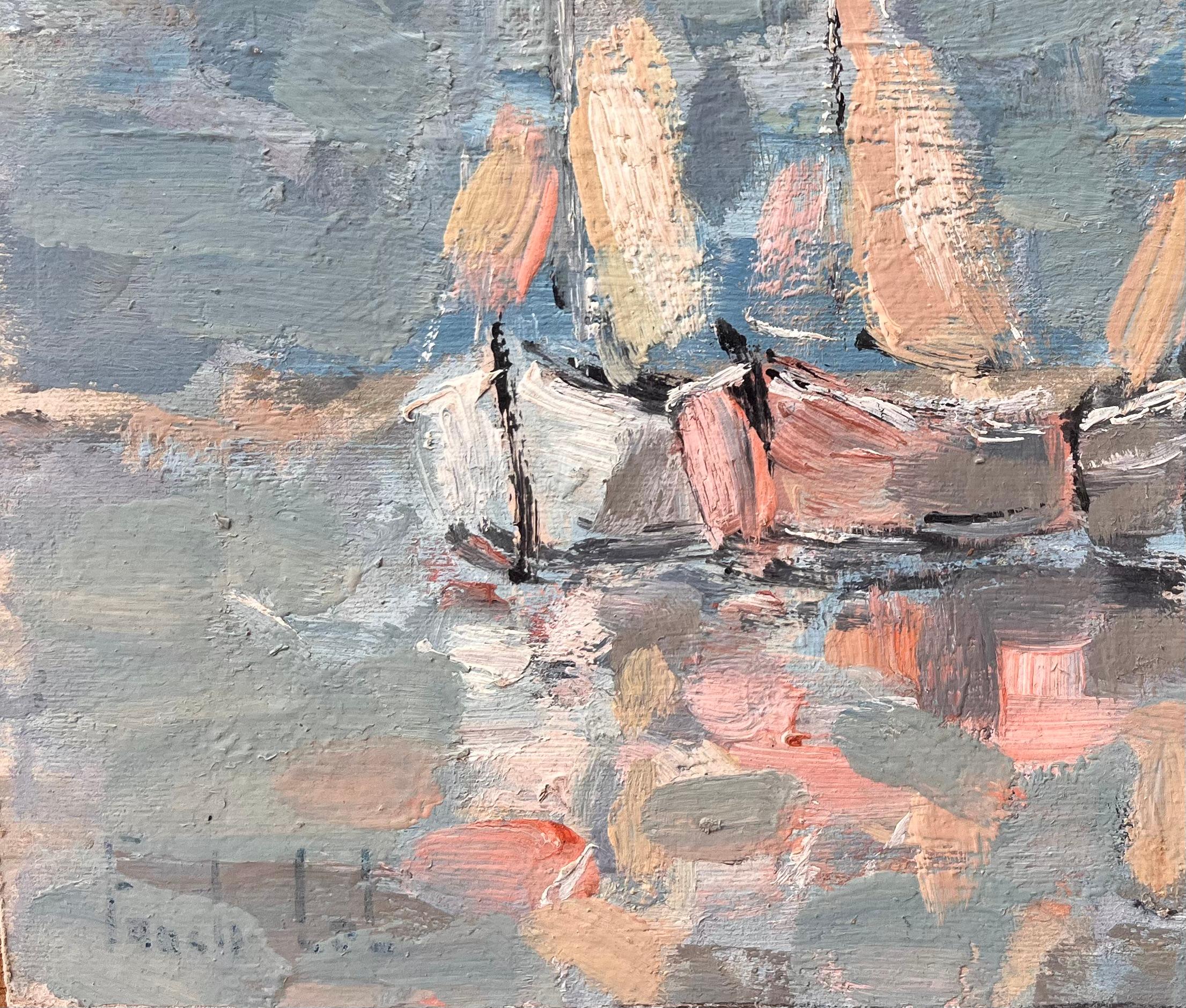 Impressionistisches Fleet Segelboote mit Reflektionen in einer blauen und rosa Palette (Grau), Still-Life Painting, von Fanch Lel