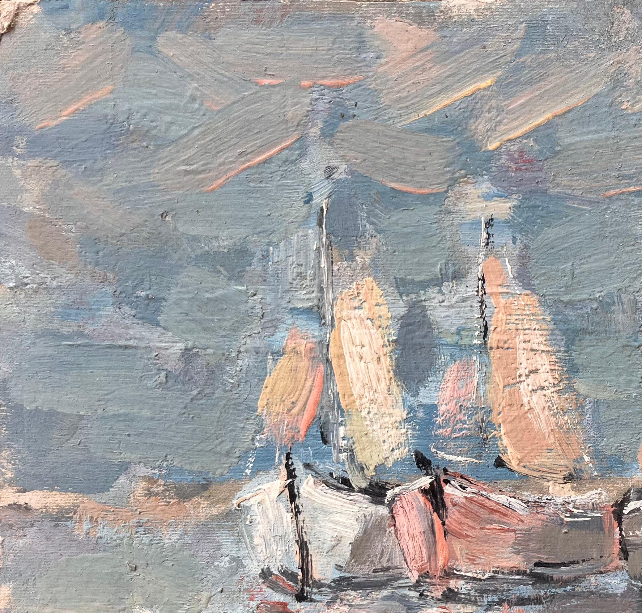 Titel:  Impressionistisches Fleet Segelboote mit Reflektionen in einer blauen und rosa Palette
von Fanch Lel
Unterzeichnet: ja
Größe: 8,5 Zoll (Höhe) x 10,75 Zoll (Breite)
Medium: Öl auf Karton, ungerahmt
Zustand: Das Gemälde ist in gutem Zustand