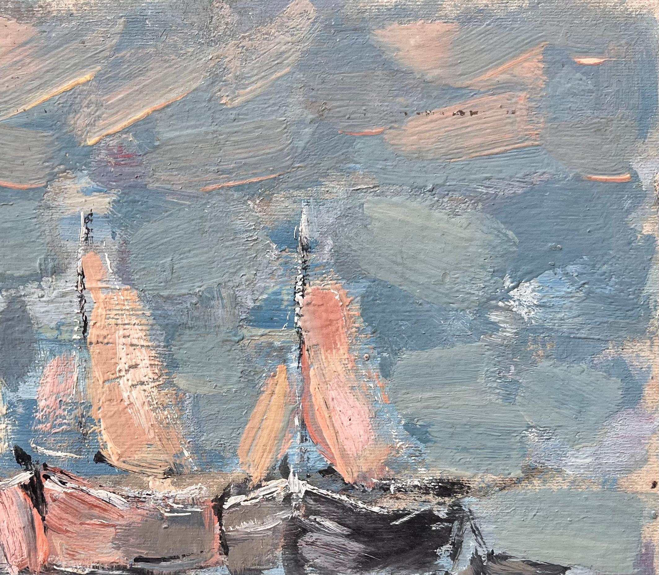 Impressionistisches Fleet Segelboote mit Reflektionen in einer blauen und rosa Palette im Angebot 1