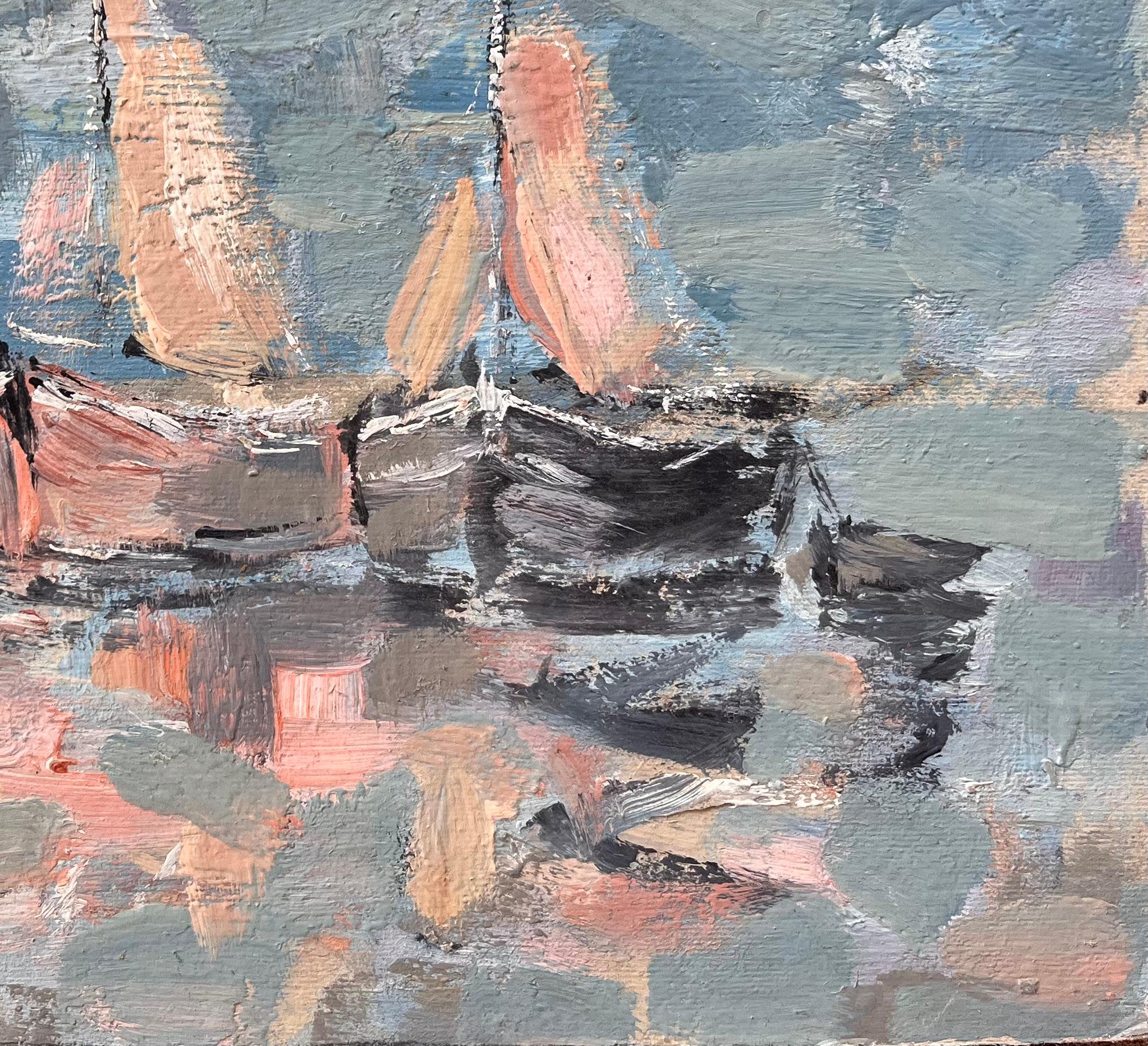 Impressionistisches Fleet Segelboote mit Reflektionen in einer blauen und rosa Palette im Angebot 2