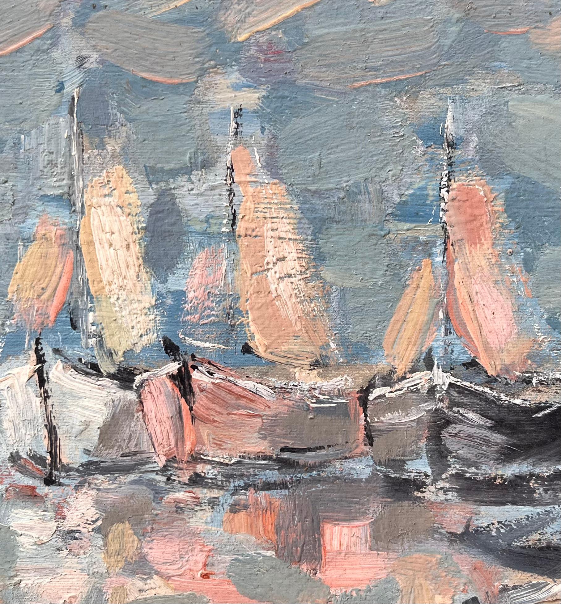 Impressionistisches Fleet Segelboote mit Reflektionen in einer blauen und rosa Palette im Angebot 3