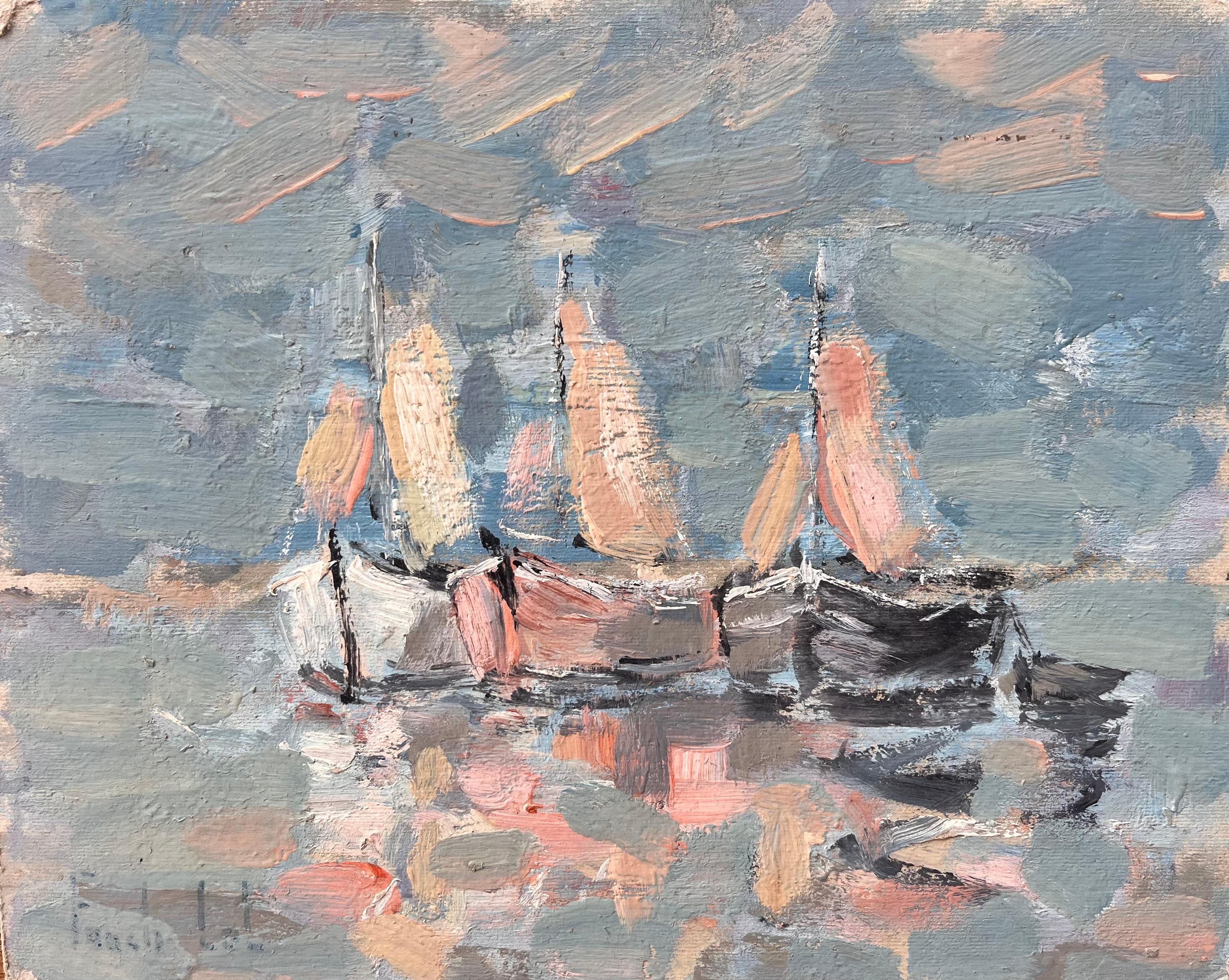 Fanch Lel Still-Life Painting – Impressionistisches Fleet Segelboote mit Reflektionen in einer blauen und rosa Palette