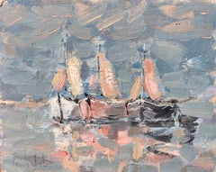 Impressionist Fleet of Sailboats with Reflections in a Blue and Pink Palette