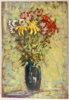 Impressionist Floral Still Life Vibrant Bouquet in a Dark Vase Oil Painting