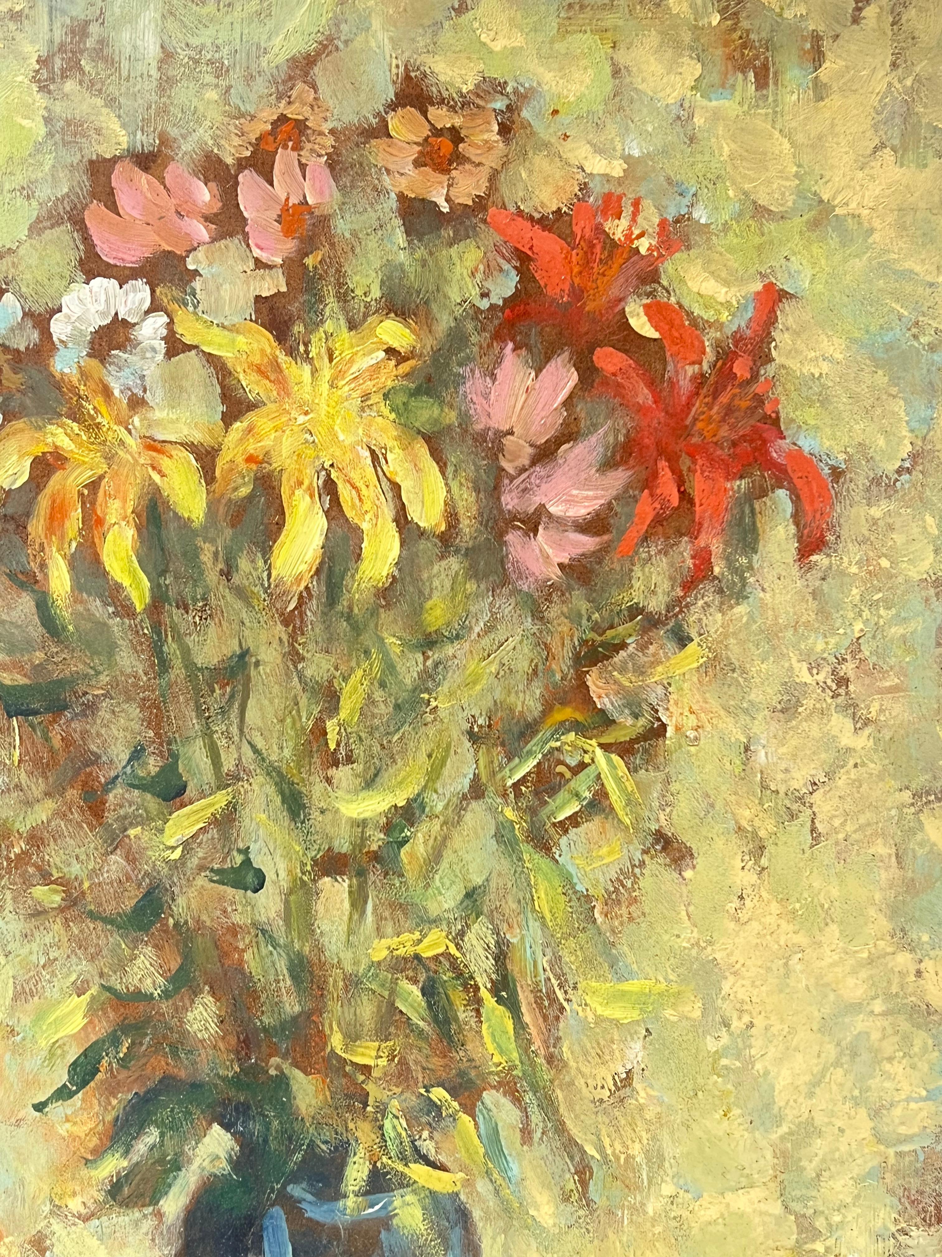 Floral Still Life 
signed by Fanch Lel (French b. 1930)
size: 22 x 15 inches
oil painting on board, unframed
condition: the painting is in very good condition. It has previously been stored in the artists studio. 
Provenance: all the paintings we