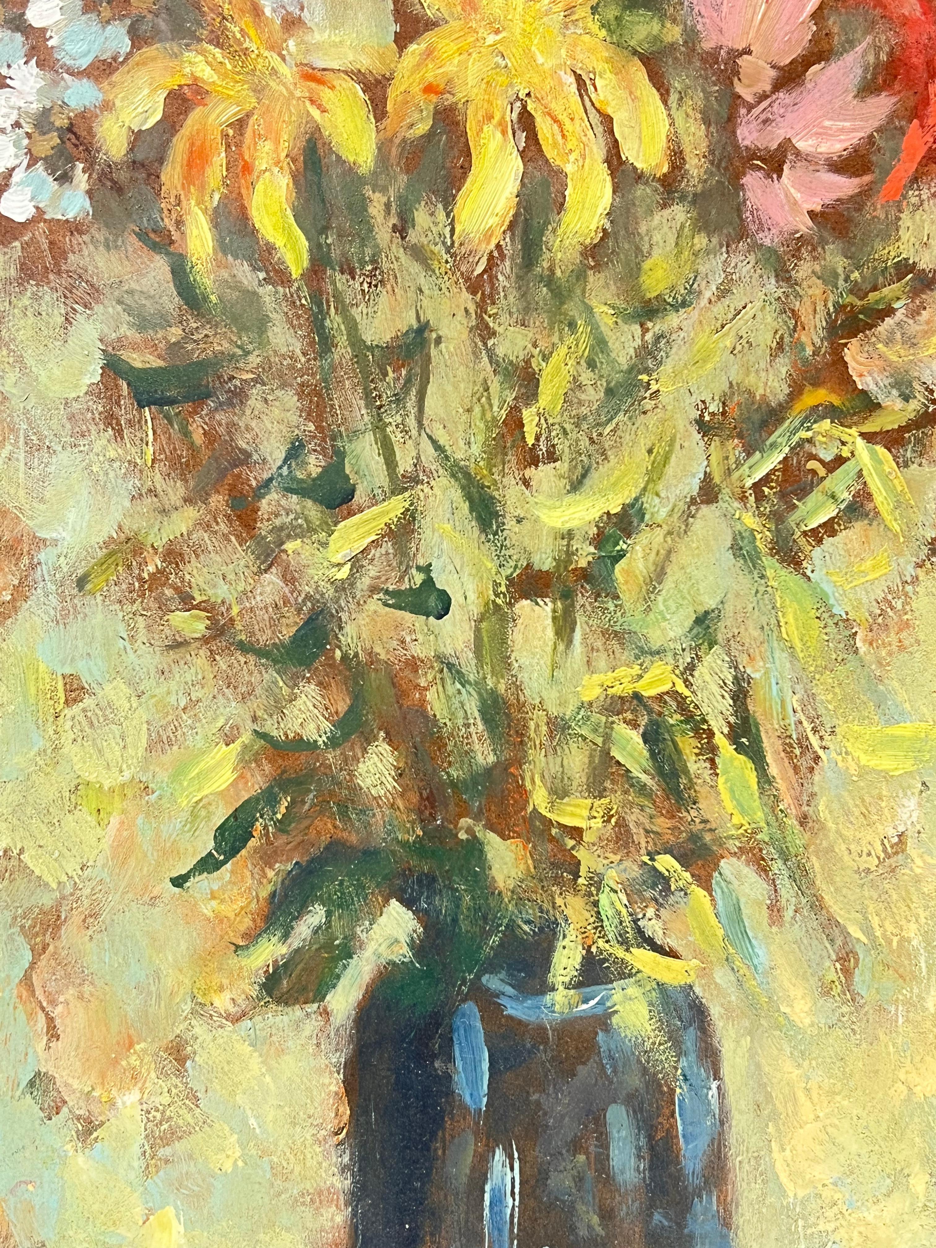 Impressionist Floral Still Life Vibrant Bouquet in a Dark Vase Oil Painting For Sale 2