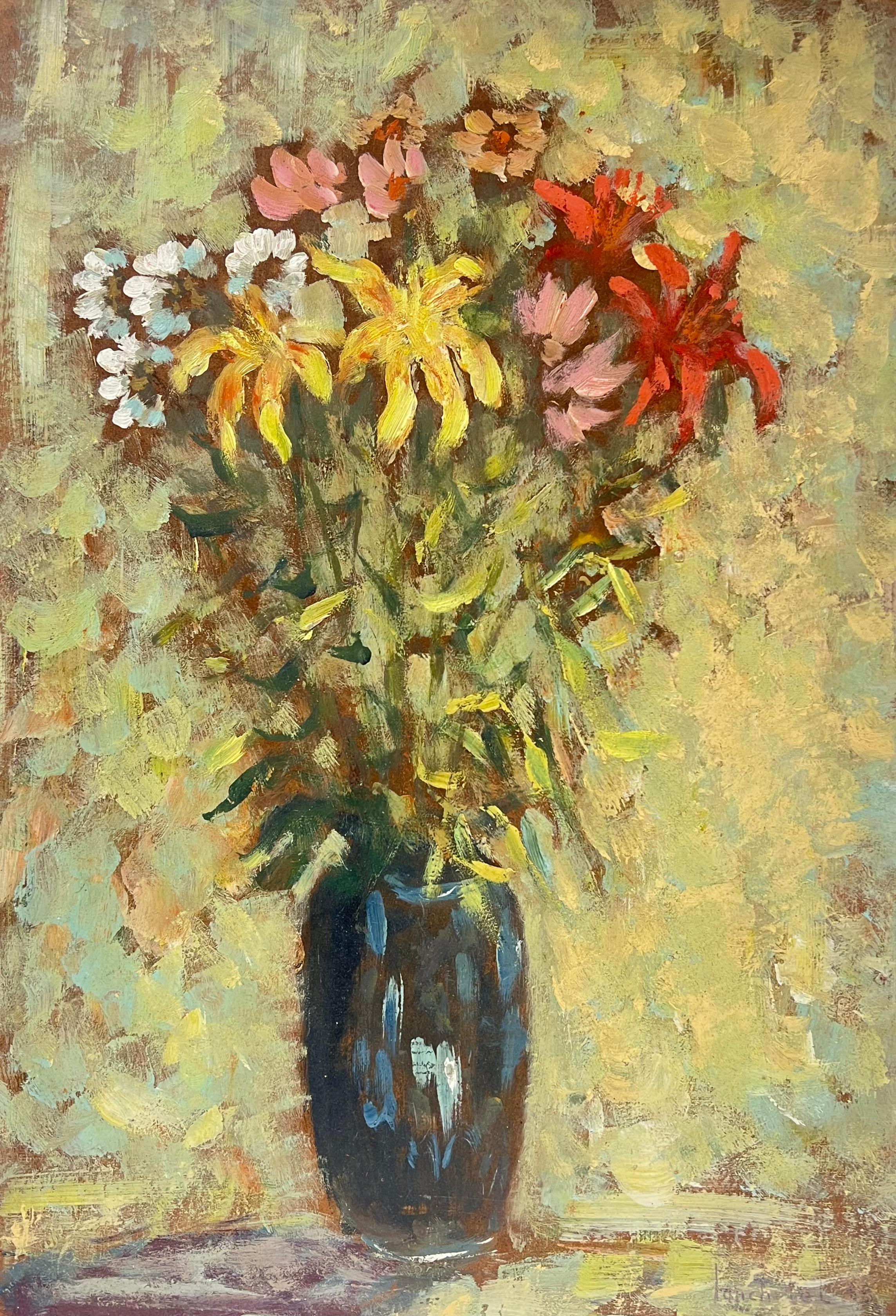 Fanch Lel Interior Painting - Impressionist Floral Still Life Vibrant Bouquet in a Dark Vase Oil Painting