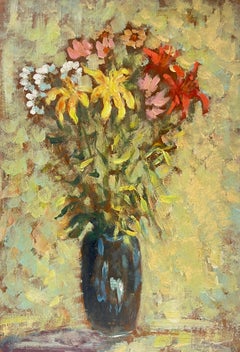 Nature morte florale impressionniste Bouquet vibrant dans un vase sombre Peinture à l'huile