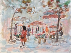 Scena impressionista del mercato dei fiori con figure di alberi e ombrelli rossi in primavera