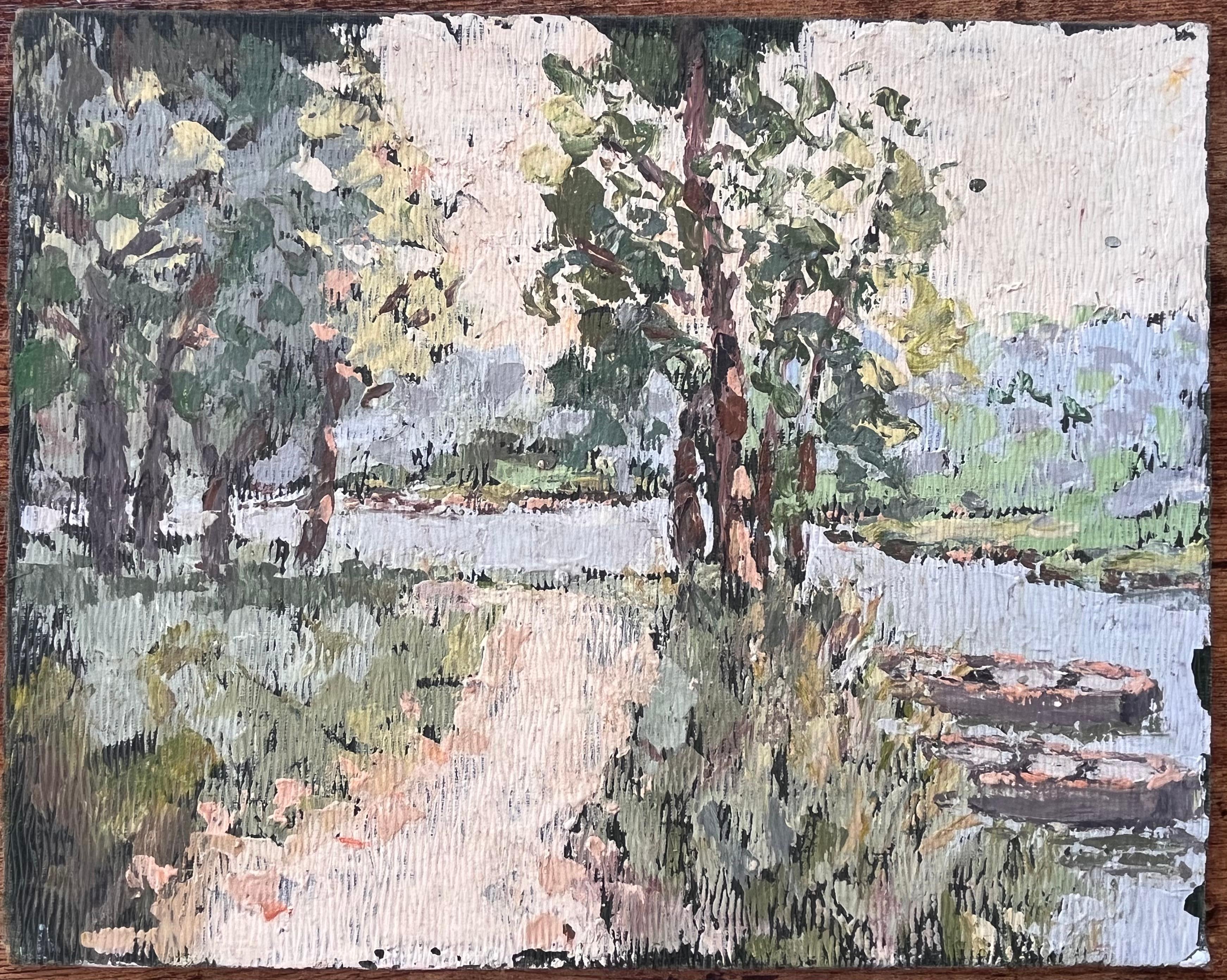 Scène impressionniste de rivière de la forêt avec chemin et bateaux à la lumière d'été douce - Painting de Fanch Lel