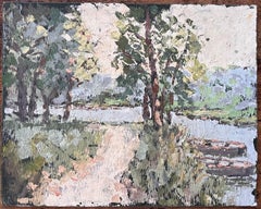 Impressionist Forest River Scene with Path and Boats in Soft Summer Light