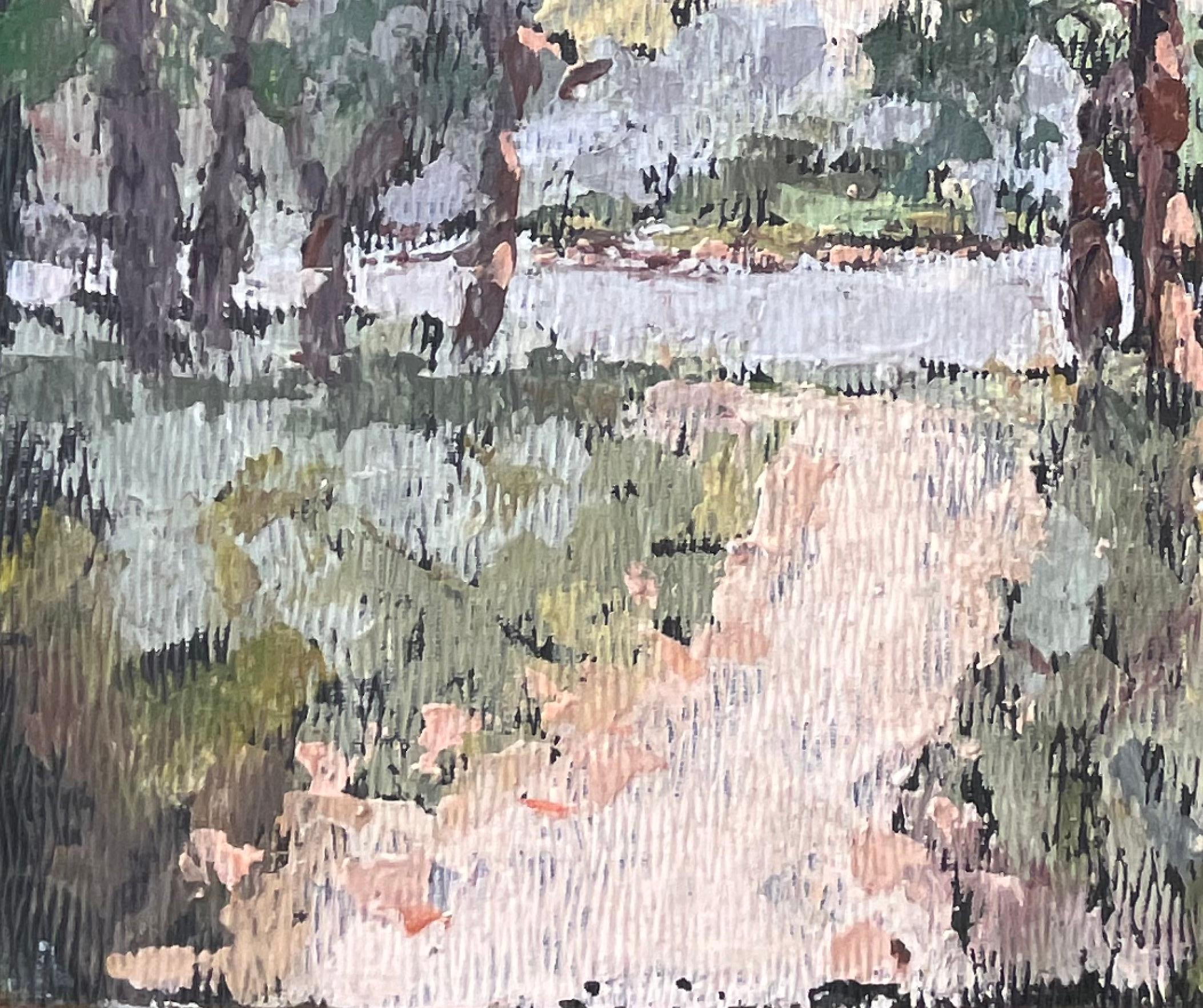 Scène impressionniste de rivière de la forêt avec chemin et bateaux à la lumière d'été douce - Impressionnisme Painting par Fanch Lel