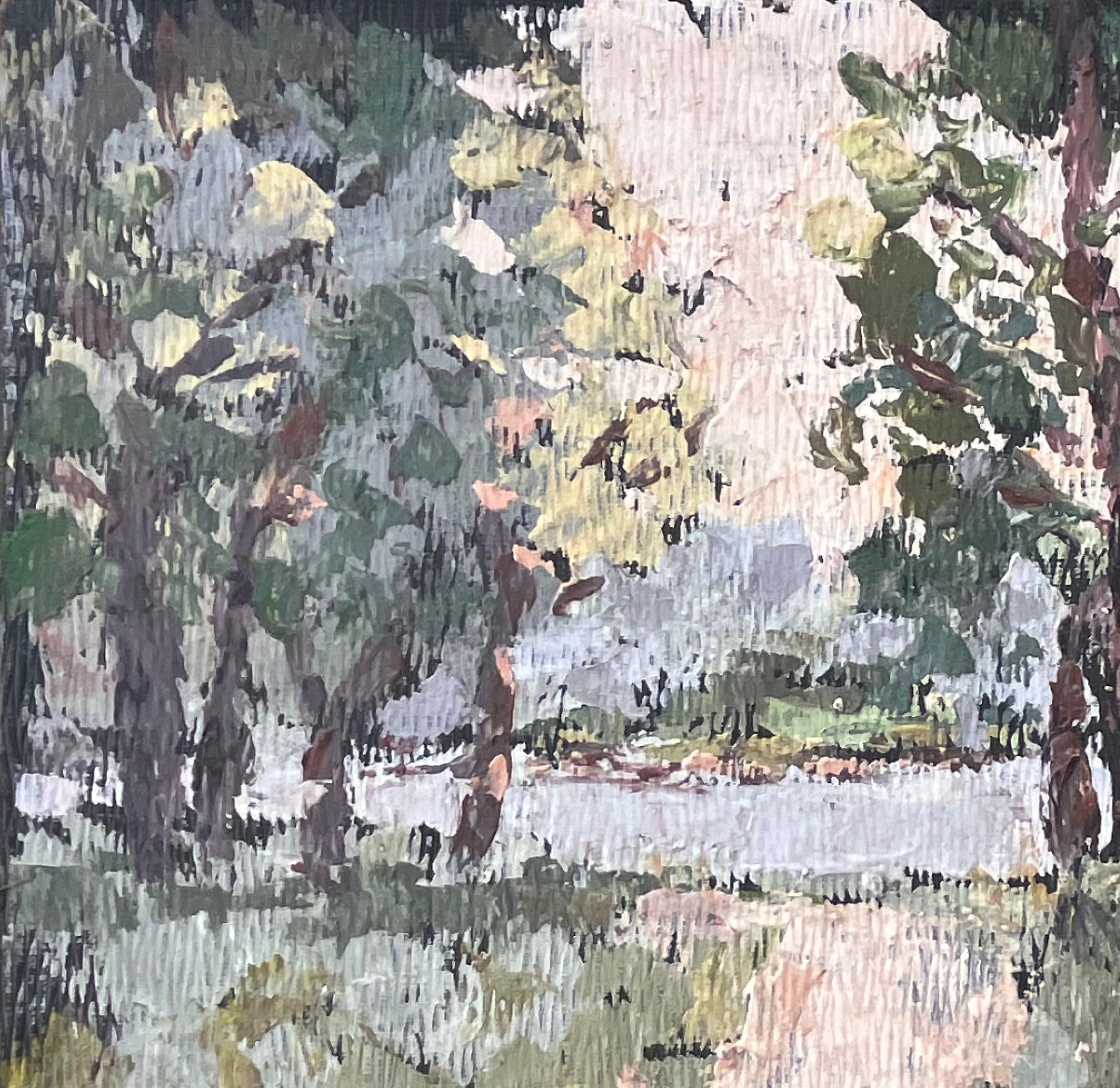 Scène impressionniste de rivière de la forêt avec chemin et bateaux à la lumière d'été douce - Gris Landscape Painting par Fanch Lel